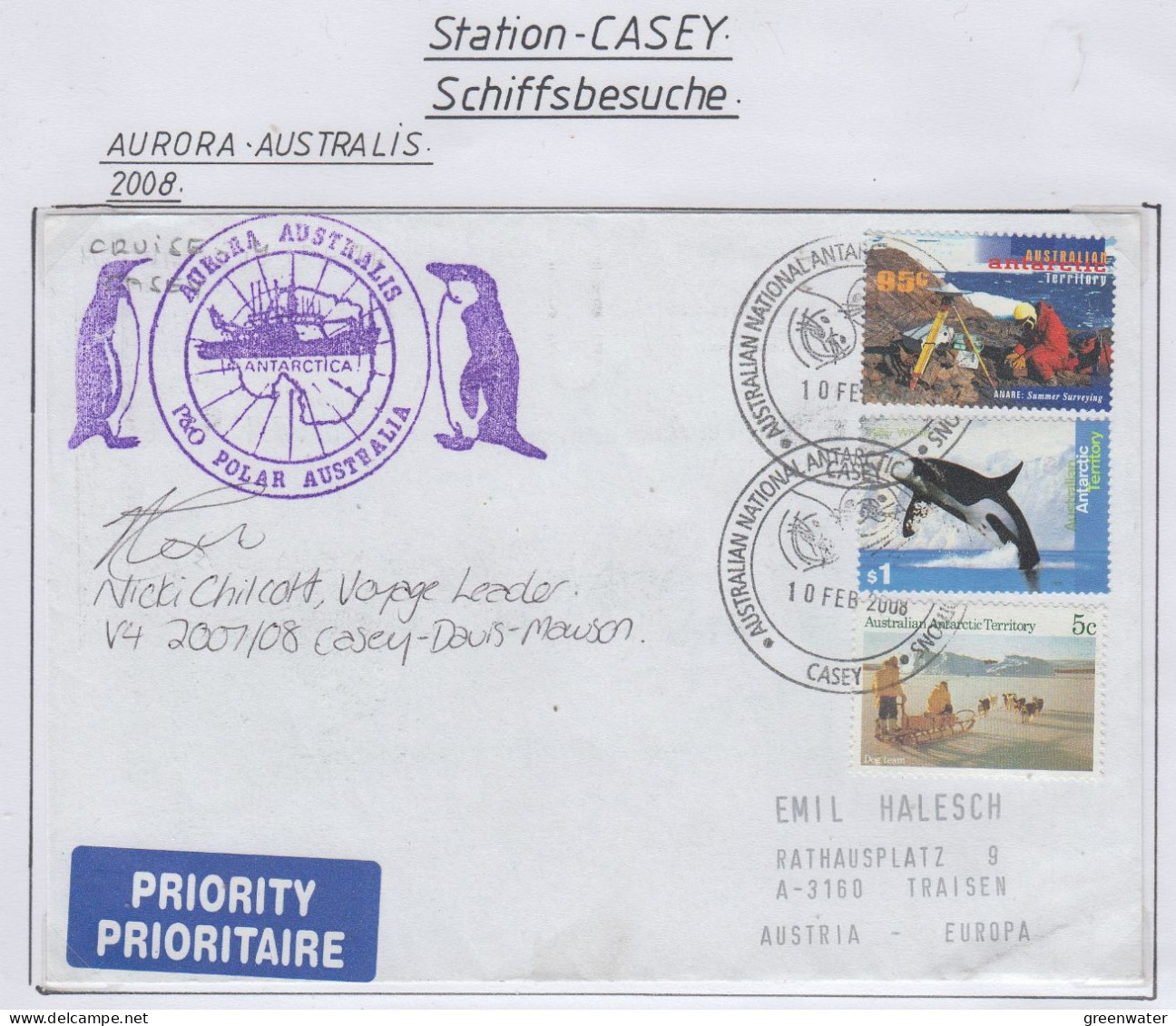 AAT  Ship Visit Aurora Australis Signature Voyage Leader Ca Casey 10 FEB 2008 (CS176A) - Lettres & Documents