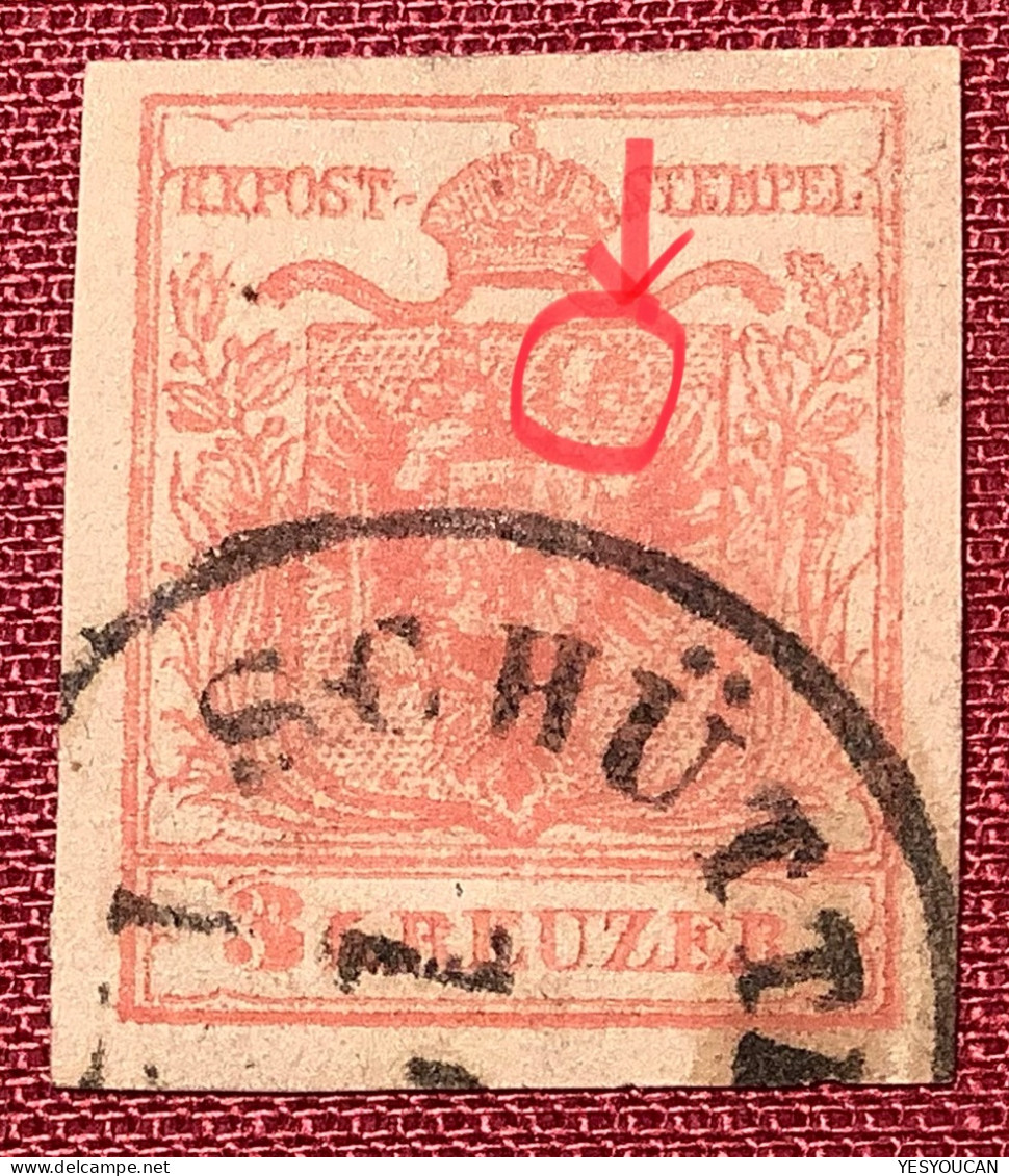 PLATTENFEHLER / PLATE FLAW Österreich 1850 3Kr IIIb MP  Gestempelt (Austria Variety Autriche Variété Abart - Gebruikt