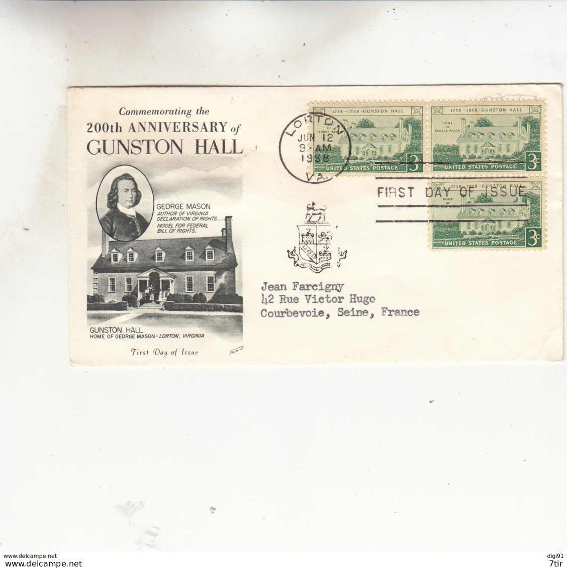 FIRST DAY OF ISSUE 1958 GUNSTON HALL - 1951-1960