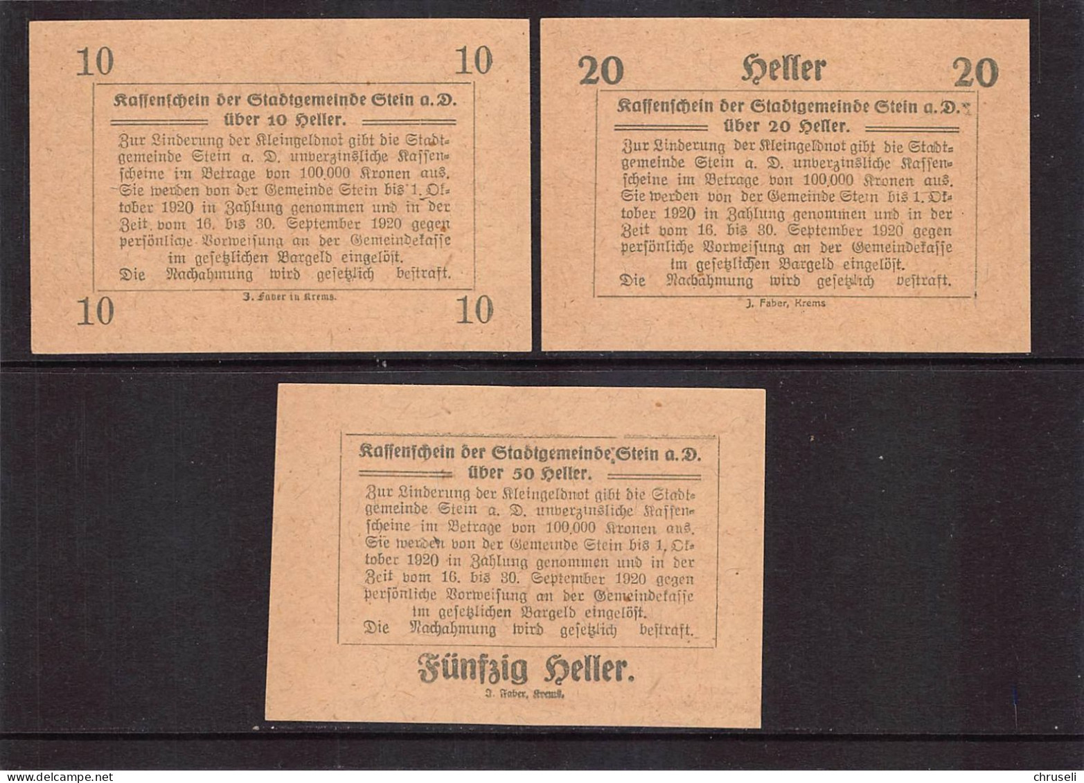 Stein An Der Donau  Notgeld  Lot Serie A 3 Noten - Autriche