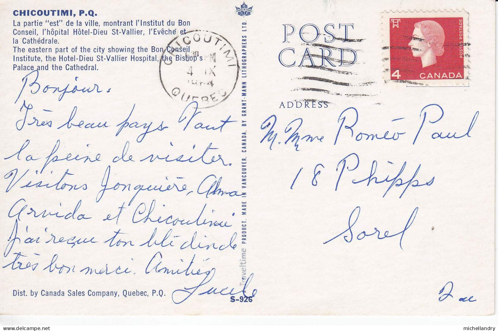 Carte Postal (123227) Chicoutimi PQ L’Institut Du Bon Conseil 4 Oct 1964 Timbre 4c CDN Avec écriture - Chicoutimi