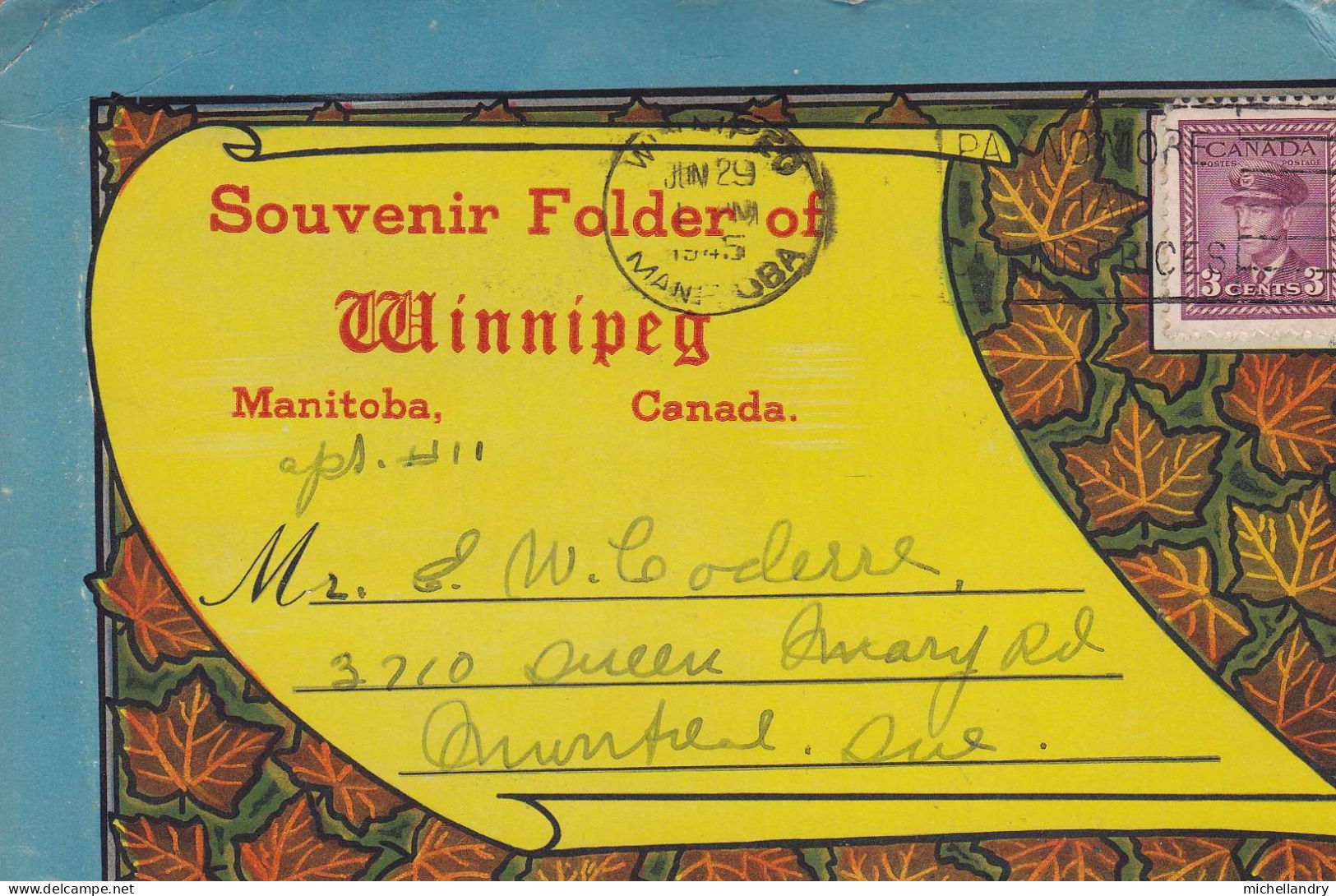 Carte Postal (123231) 10 Souvenir Folder Of Winipeg  Jun 29 1945 Timbre 3c CDN Avec écriture - Winnipeg