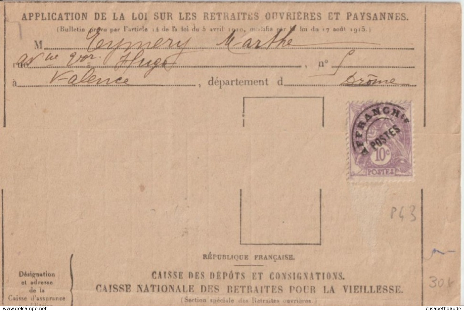 1929 - BLANC 10c PREO (UTILISATION RARE !) SEUL Sur IMPRIME ADMINISTRATIF Des RETRAITES De BORDEAUX => VALENCE (DROME) - 1900-29 Blanc