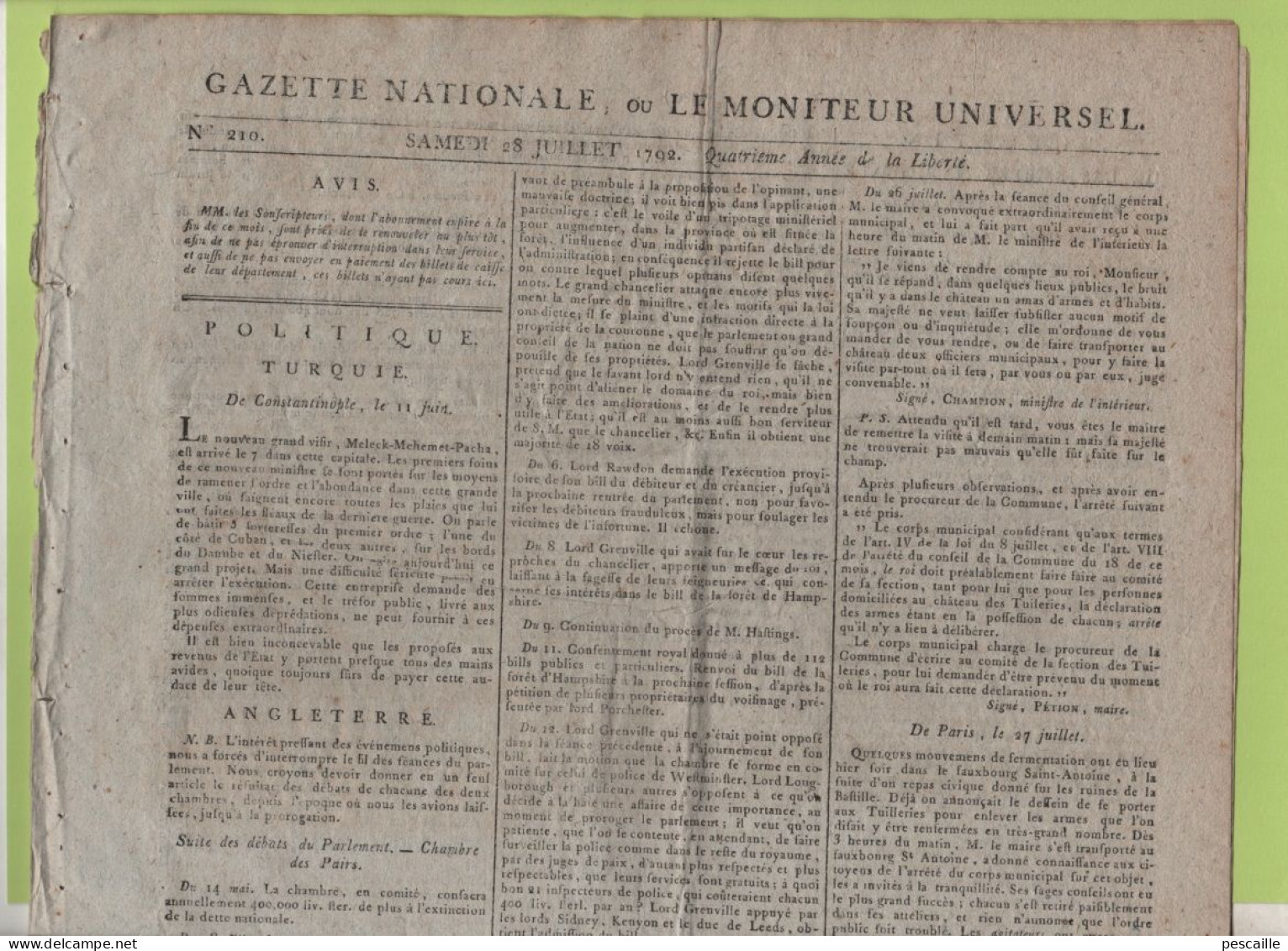 GAZETTE NATIONALE 28 7 1792 - TURQUIE - PROCUREUR COMMUNE - TUILERIES ARMES - SEMUR - BELIERS ANGLAIS - LEGION ETRANGERE - Journaux Anciens - Avant 1800