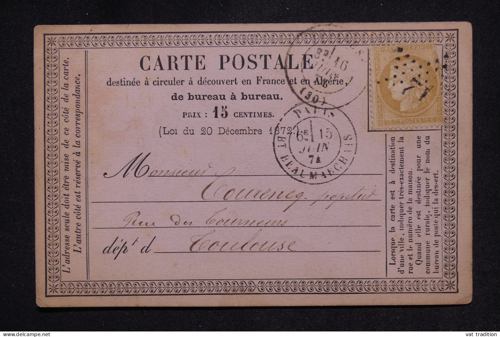 FRANCE - Cérès 15ct, étoile 12 Sur Carte Précurseur De Paris Pour Toulouse En 1874  - L 145343 - Vorläufer