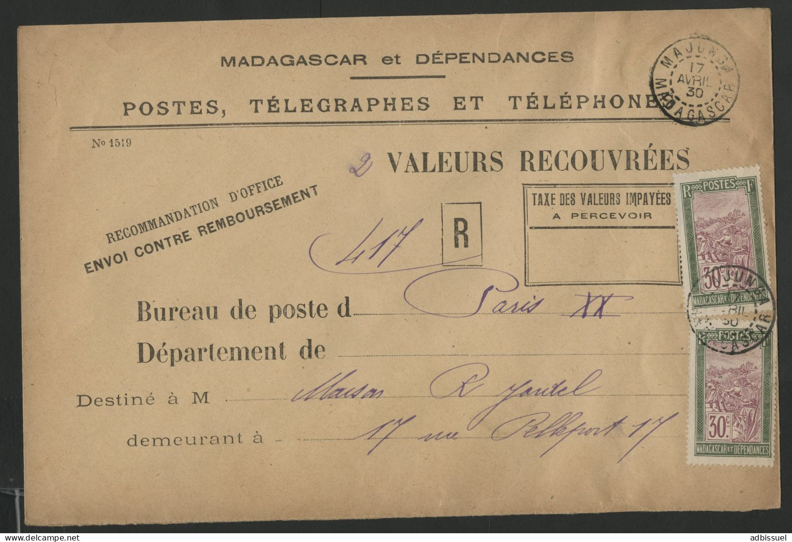 MADAGASCAR N° 136 (x2) Obl. C. à D. "MANJUGA 17/4/30" Sur Env. Pour VALEURS RECOUVREES Adressée à Paris. - Lettres & Documents