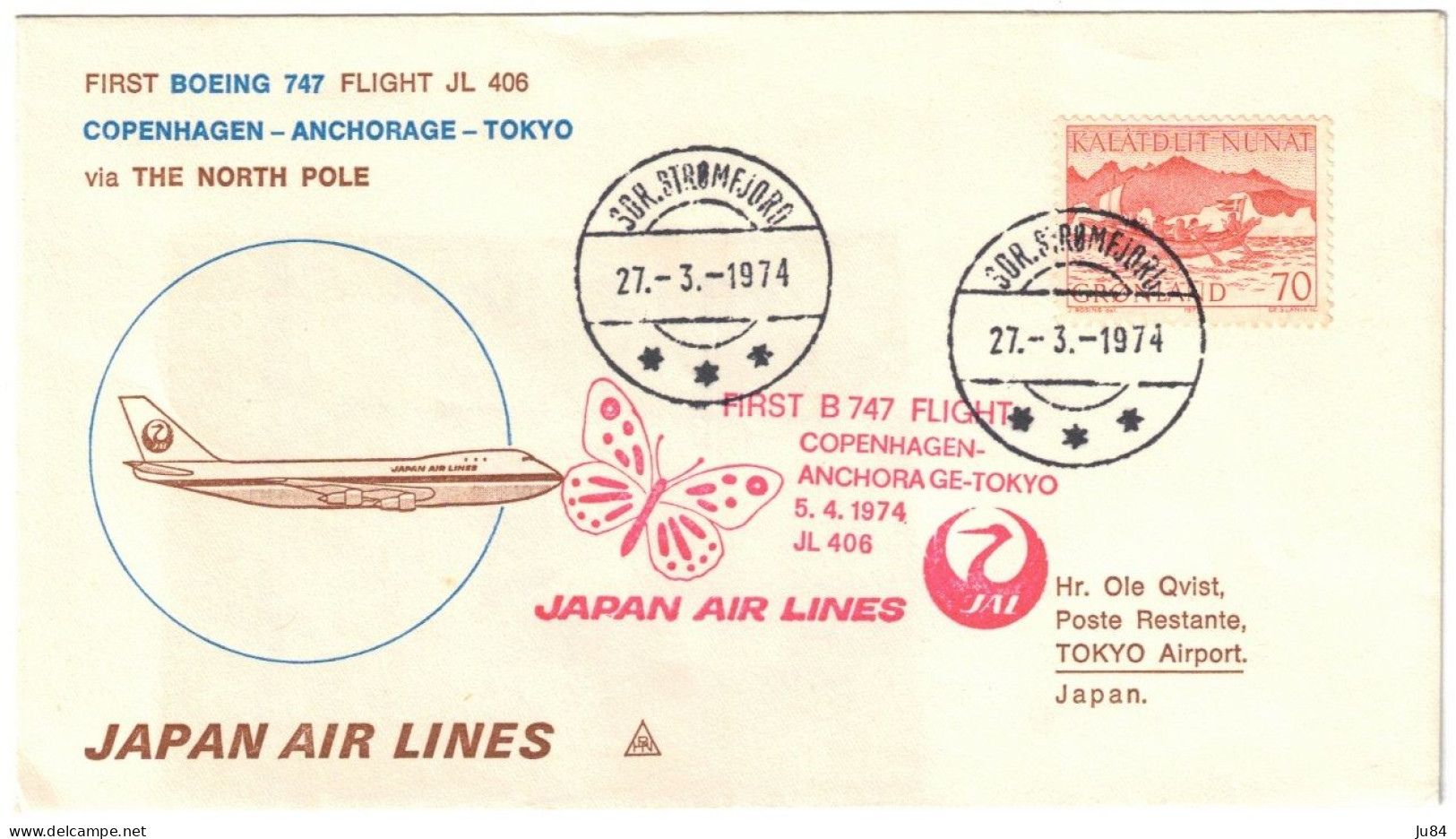 Groenland - Gronland - Sor Stromfjord - 1er Vol - First Flight - Boeing 747 - Copenhagen-Anchorage-Tokyo - Japan - 1974 - Lettres & Documents