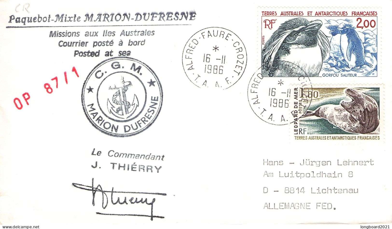 TAAF - LETTER 1986 ALFRED-FAURE-CROZET - DE Mi 153, 185 / *1111 - Lettres & Documents