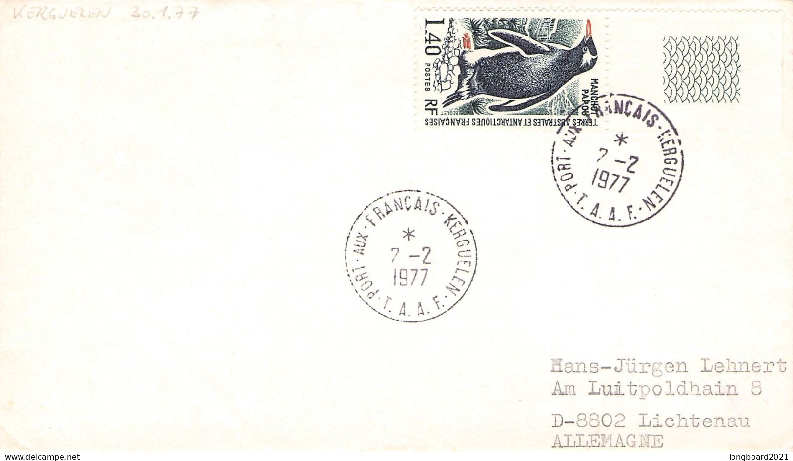 TAAF - LETTER 1977 PORT-AUX-FRANCAIS - DE Mi 108  / *1114 - Briefe U. Dokumente