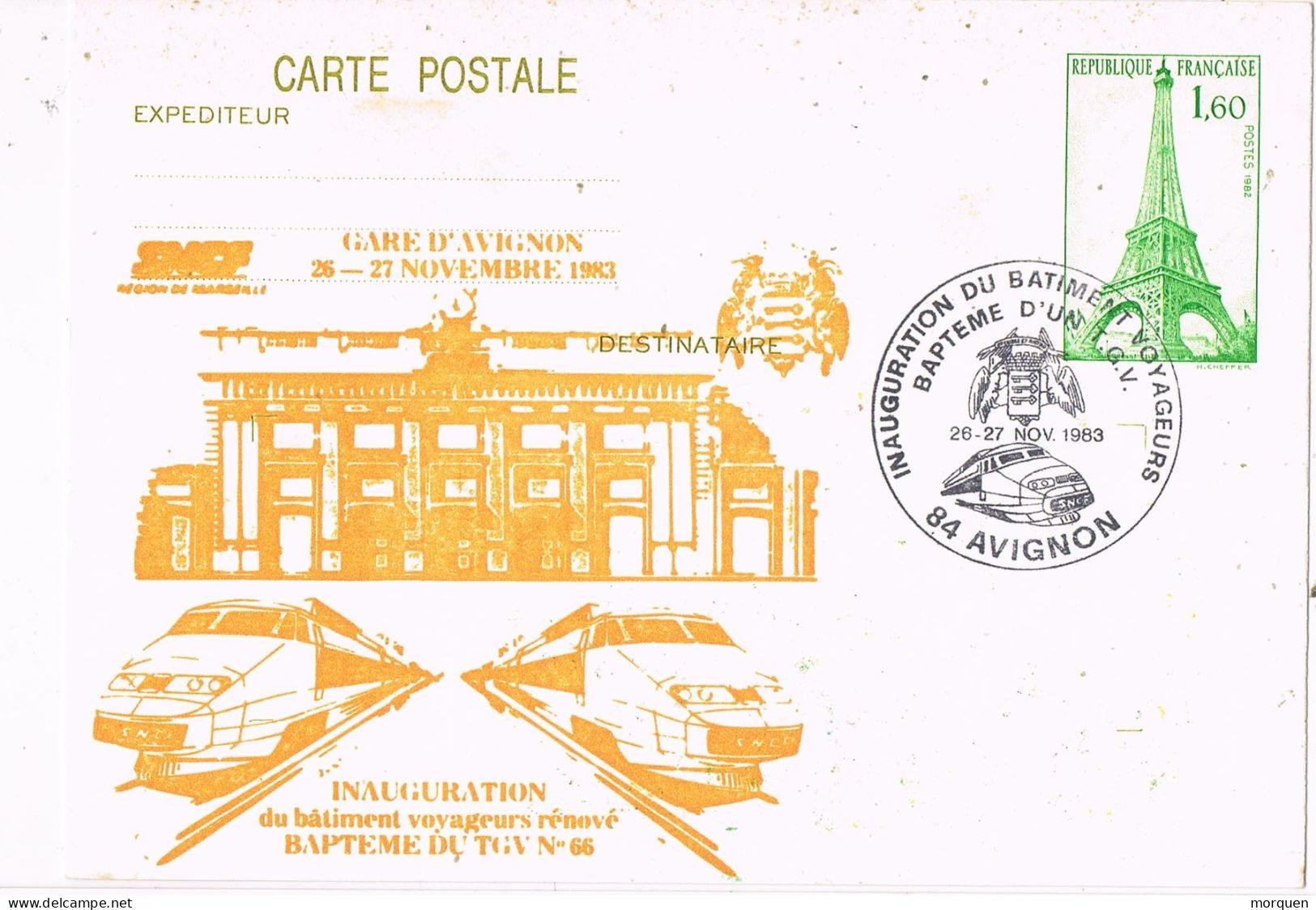 51023. Entero Postal AVIGNON (France) 1983. Ferrocarril Batiment Du TGV. Gare Abignon - Private Stationery