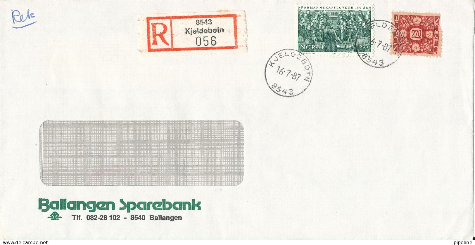 Norway Registered Bank Cover Sent To Denmark Kjeldebotn 16-7-1987 (Ballangen Sparebank) - Brieven En Documenten