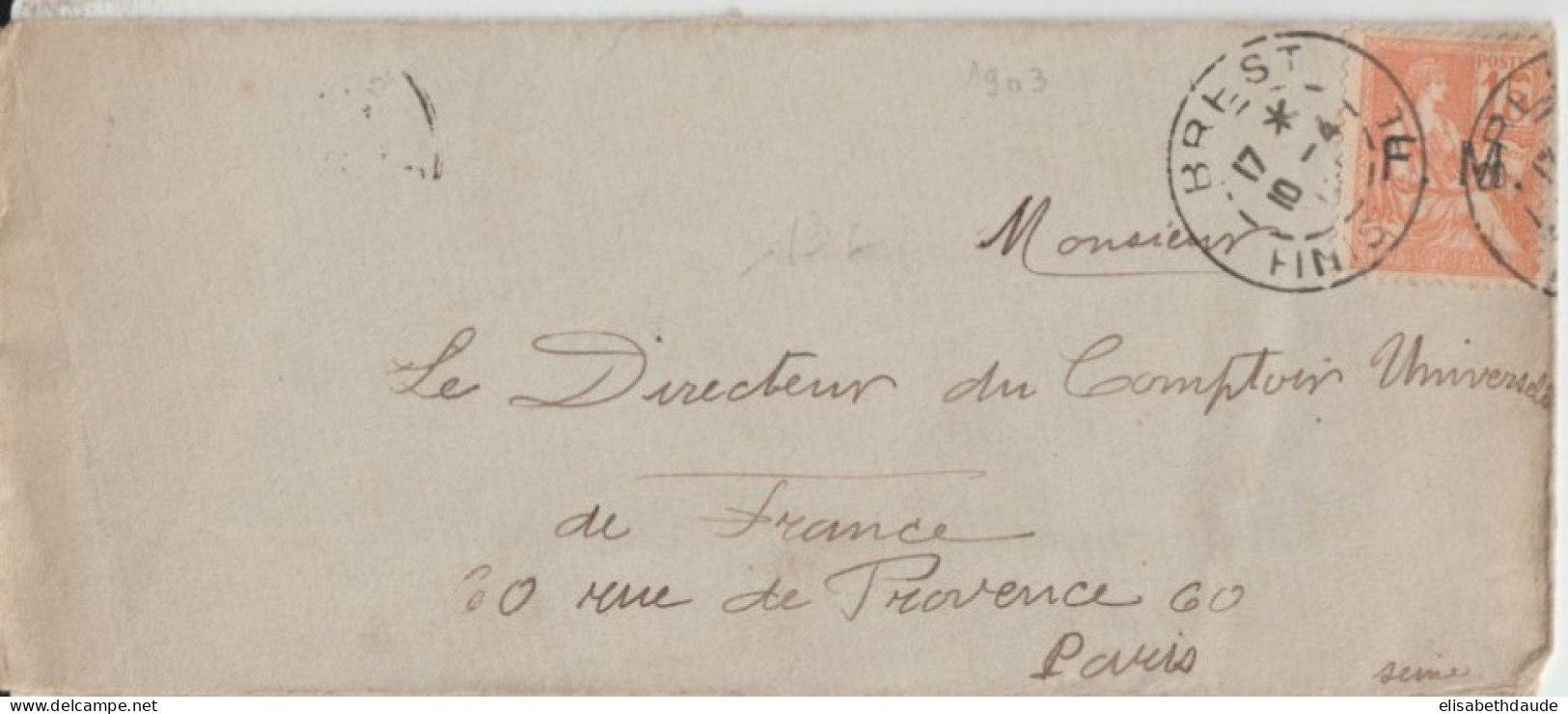 MOUCHON SURCHARGE F.M ! 1903 - ENVELOPPE De BREST (FINISTERE) => PARIS - 1900-02 Mouchon