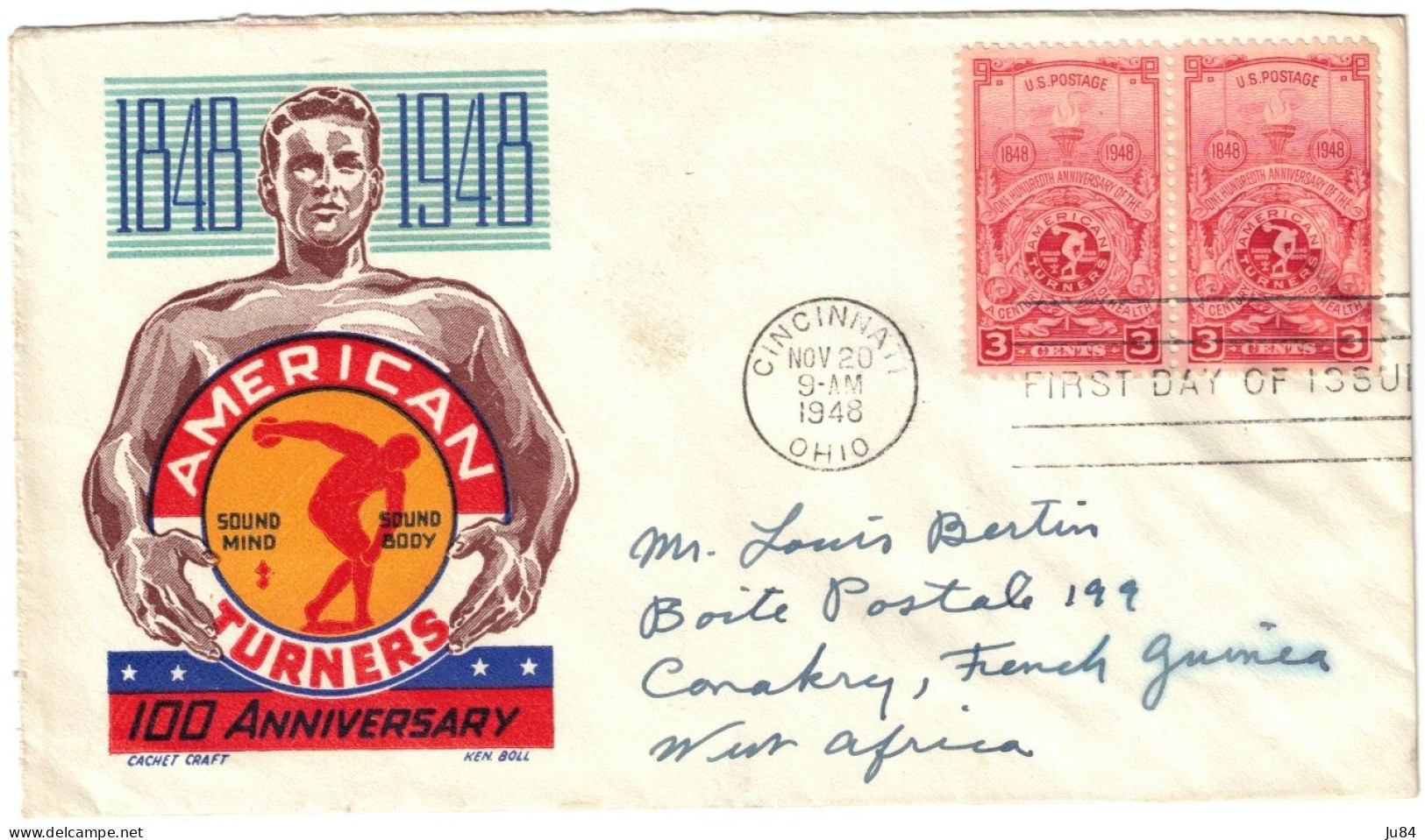 USA - Ohio - Cincinnati - FDC - American Turners - Lettre Pour Conakry (Guinée Française) - 20 Novembre 1948 - 1941-1950