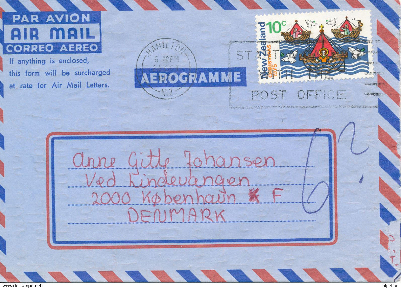 New Zealand Aerogramme Sent To Denmark 24-10-1975 - Airmail