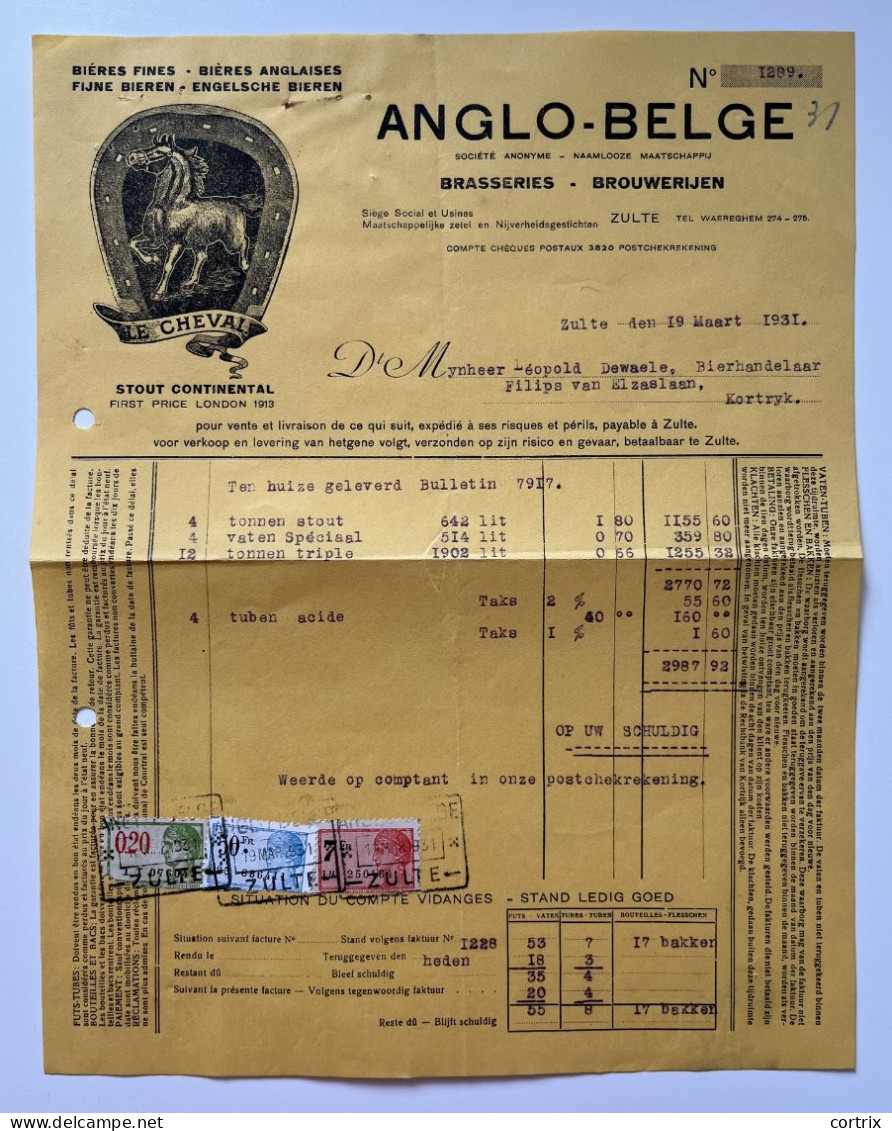 Factuur 1931 Brouwerij Anglo-Belge Zulte - Levensmiddelen