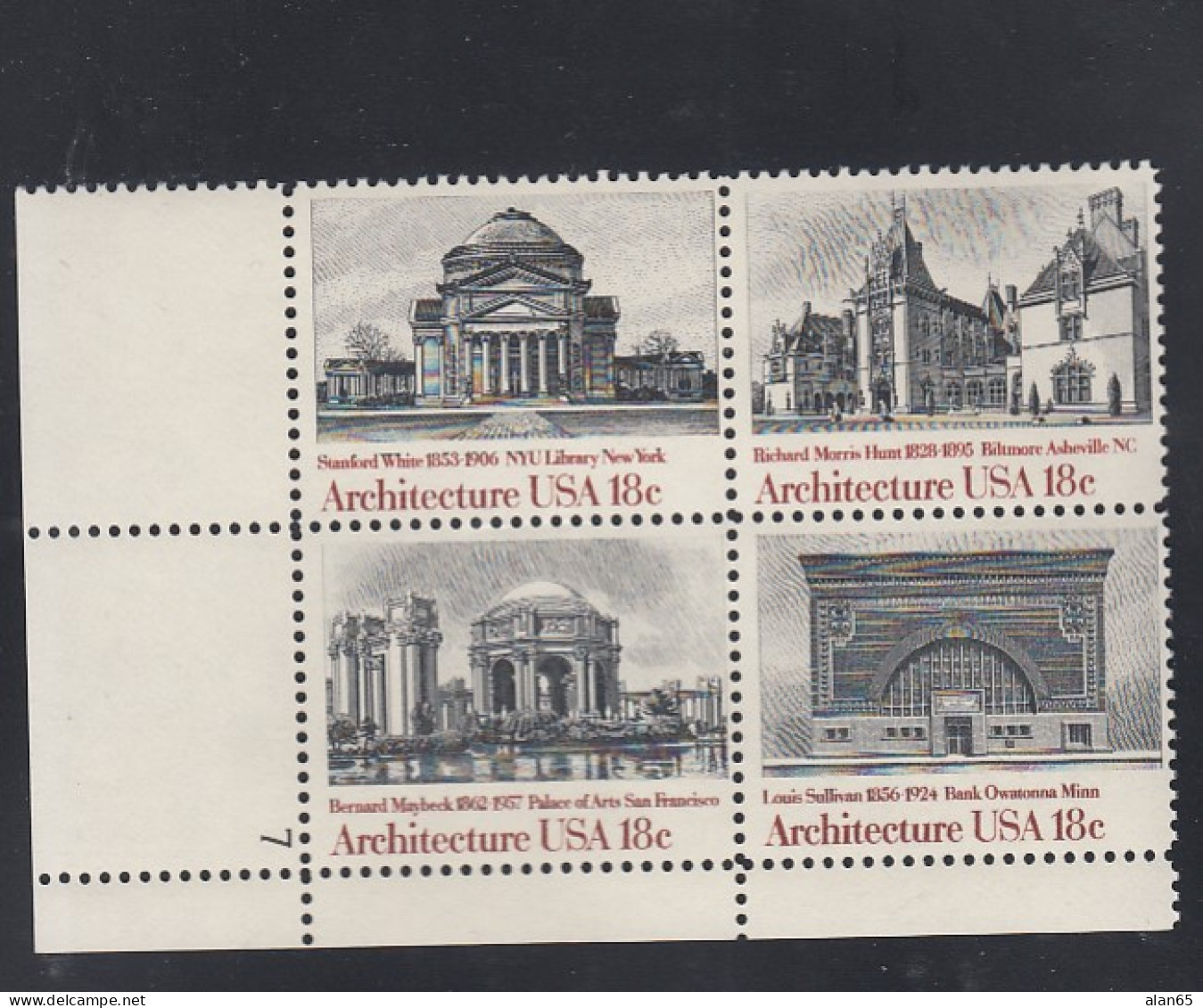 Sc#1928-1931, Plate # Block Of 4 18-cent, American Architecture Series, US Postage Stamps - Plate Blocks & Sheetlets