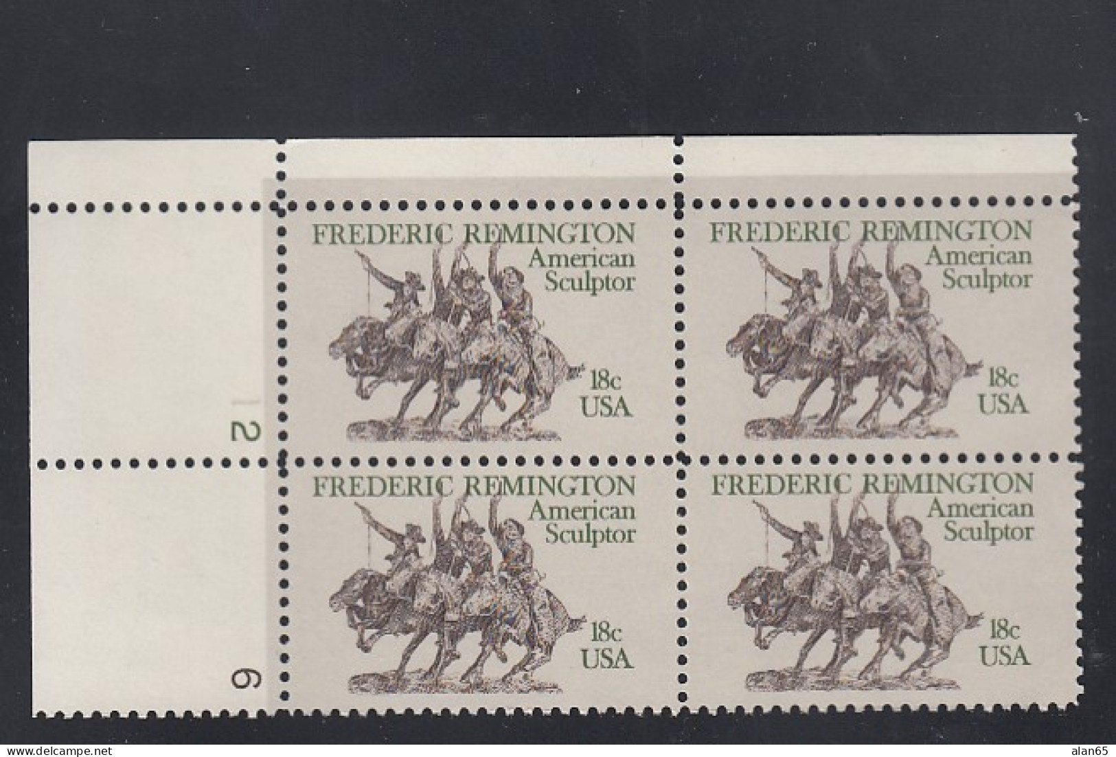 Sc#1934, Plate # Block Of 4 18-cent, Frederic Remington American Sculptor, US Postage Stamps - Plattennummern