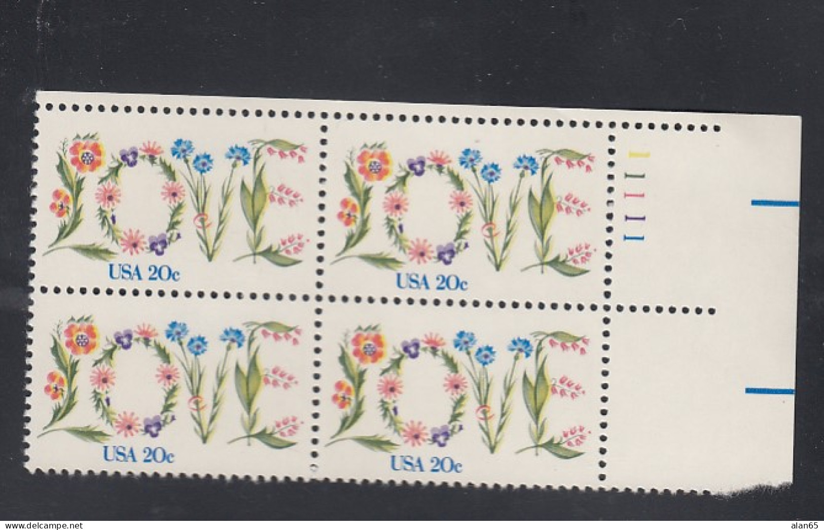 Sc#1951, Plate # Block Of 4 20-cent, Love Theme, US Postage Stamps - Plattennummern