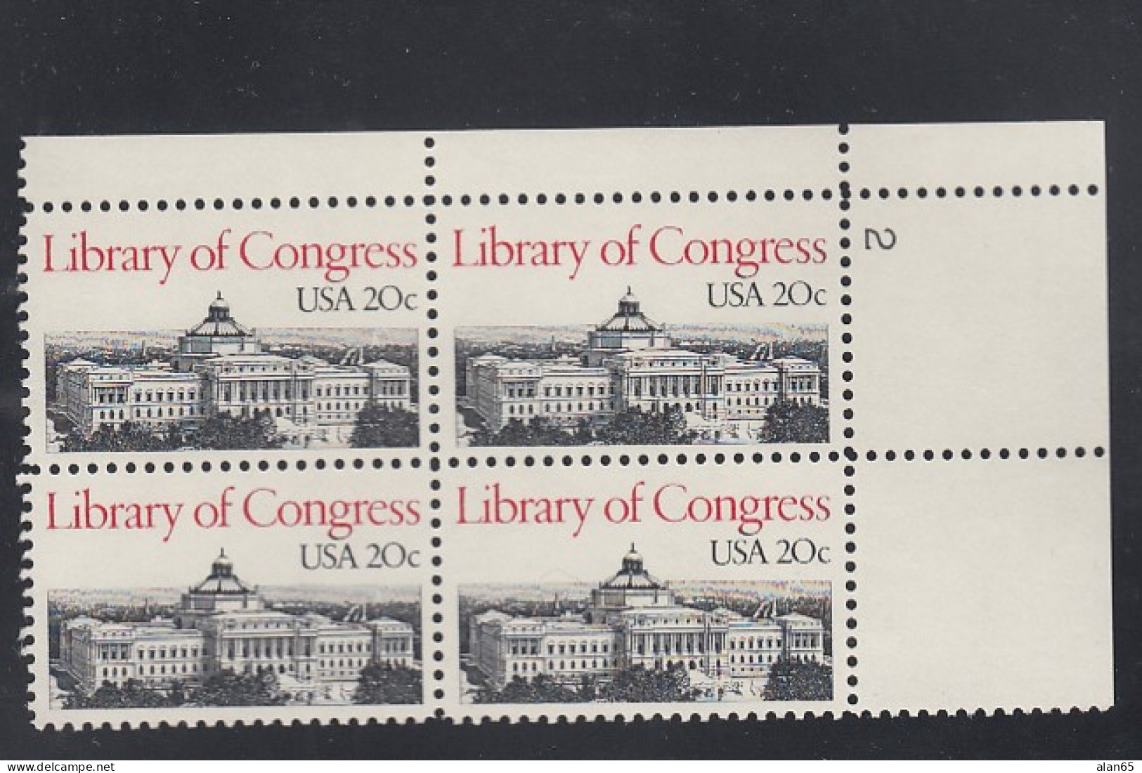 Sc#2004, Plate # Block Of 4 20-cent, US Library Of Congress, US Postage Stamps - Numero Di Lastre