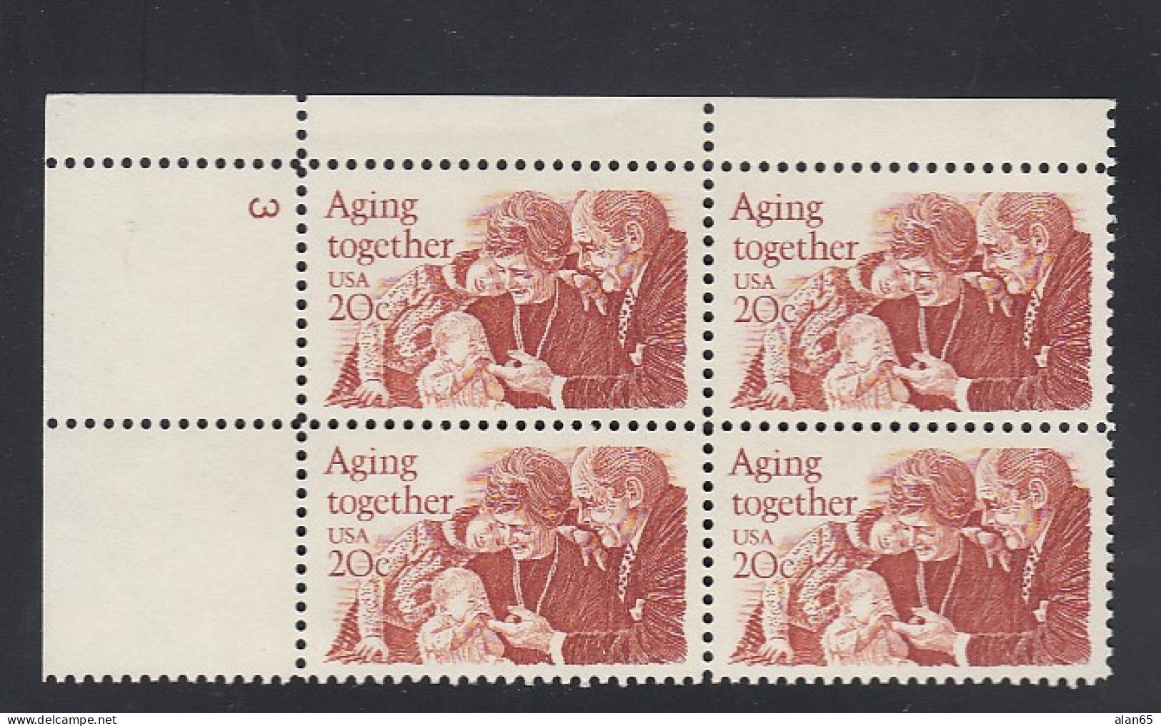 Sc#2011, Plate # Block Of 4 20-cent, 'Aging Together' Family Marriage Themes, US Postage Stamps - Plate Blocks & Sheetlets