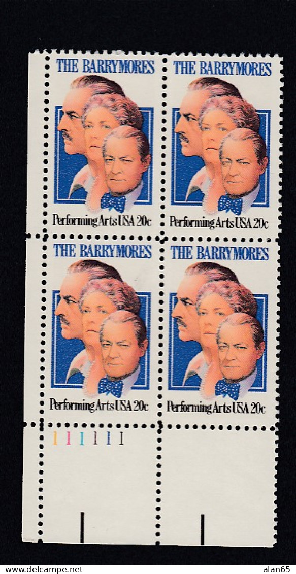 Sc#2012, Plate # Block Of 4 20-cent, Performing Artist Series, The Barrymores Actors, US Postage Stamps - Plate Blocks & Sheetlets
