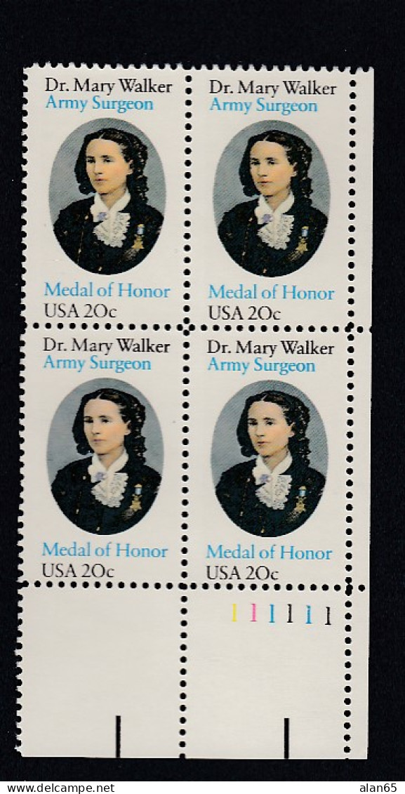 Sc#2013, Plate # Block Of 4 20-cent, Dr. Mary Walker Medal Of Honor Winner Female Doctor, US Postage Stamps - Plate Blocks & Sheetlets