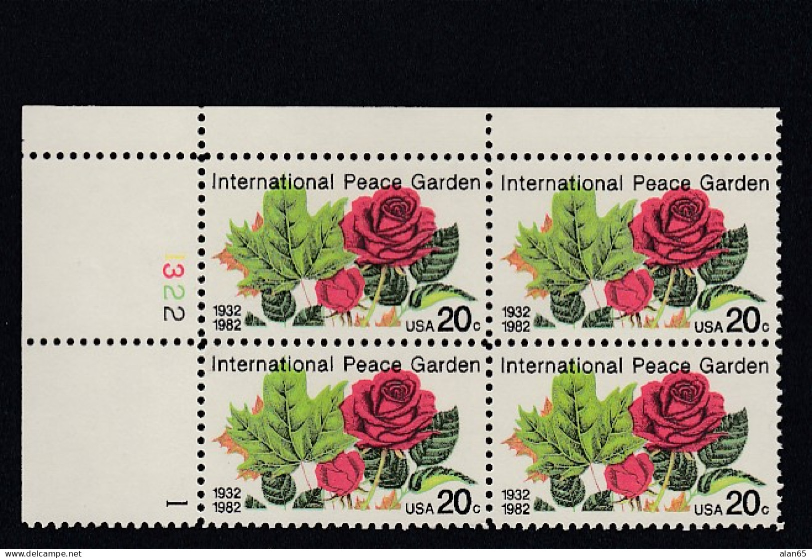 Sc#2014, Plate # Block Of 4 20-cent, International Peace Garden, Flowers Rose, US Postage Stamps - Numéros De Planches