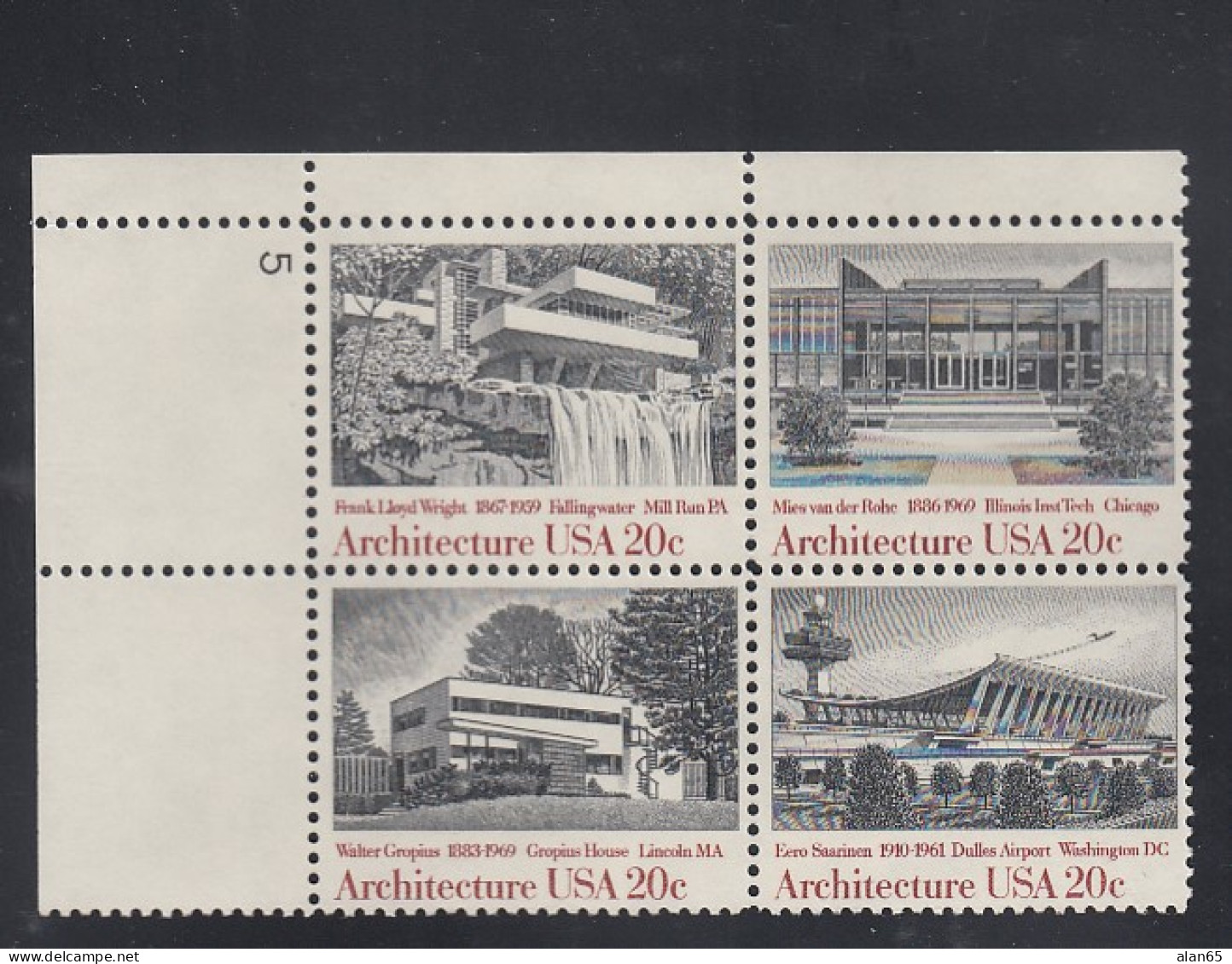 Sc#2019-2022, Plate # Block Of 4 20-cent, American Architecture Series, US Postage Stamps - Plate Blocks & Sheetlets