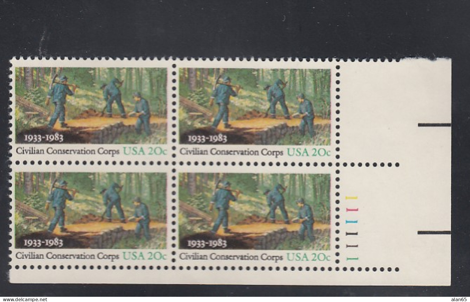 Sc#2037, Plate # Block Of 4 20-cent, 50th Anniversary CCC Civilian Conservation Corps New Deal Program, US Stamps - Números De Placas