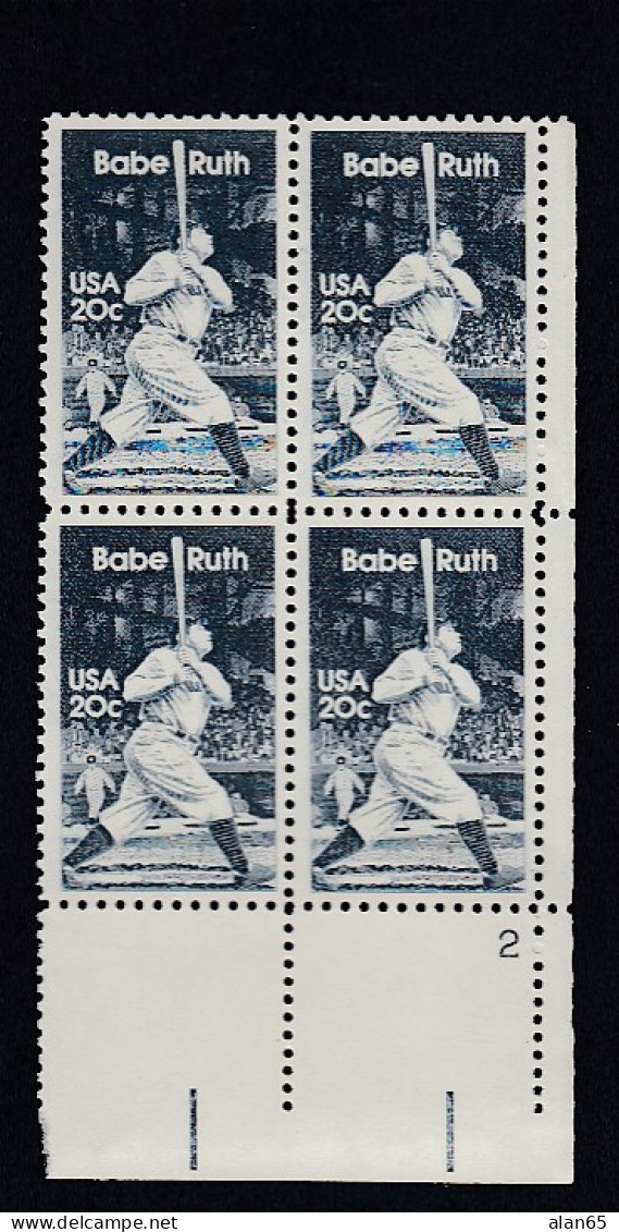 Sc#2046, Plate # Block Of 4 20-cent, Babe Ruth Baseball Player, US Stamps - Numéros De Planches