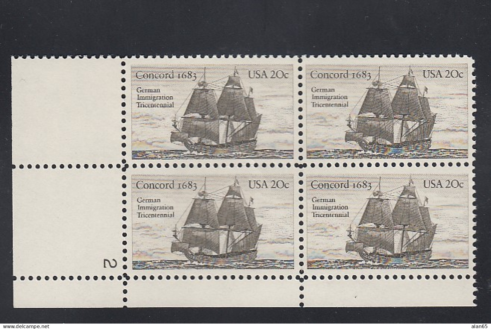 Sc#2040, Plate # Block Of 4 20-cent, US German Immigration, Concord Ship 300th Anniversary, US Stamps - Plate Blocks & Sheetlets