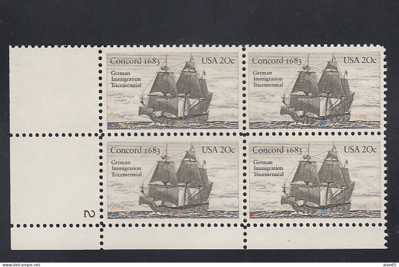 Sc#2040, Plate # Block Of 4 20-cent, US German Immigration, Concord Ship 300th Anniversary, US Stamps - Plattennummern
