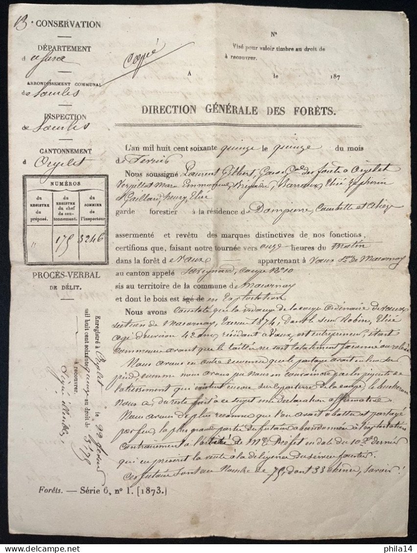 DOCUMENT DE LA DIRECTION GENERALE DES FORETS / ORGELET JURA 1875 / MARCONAY - Manuscrits