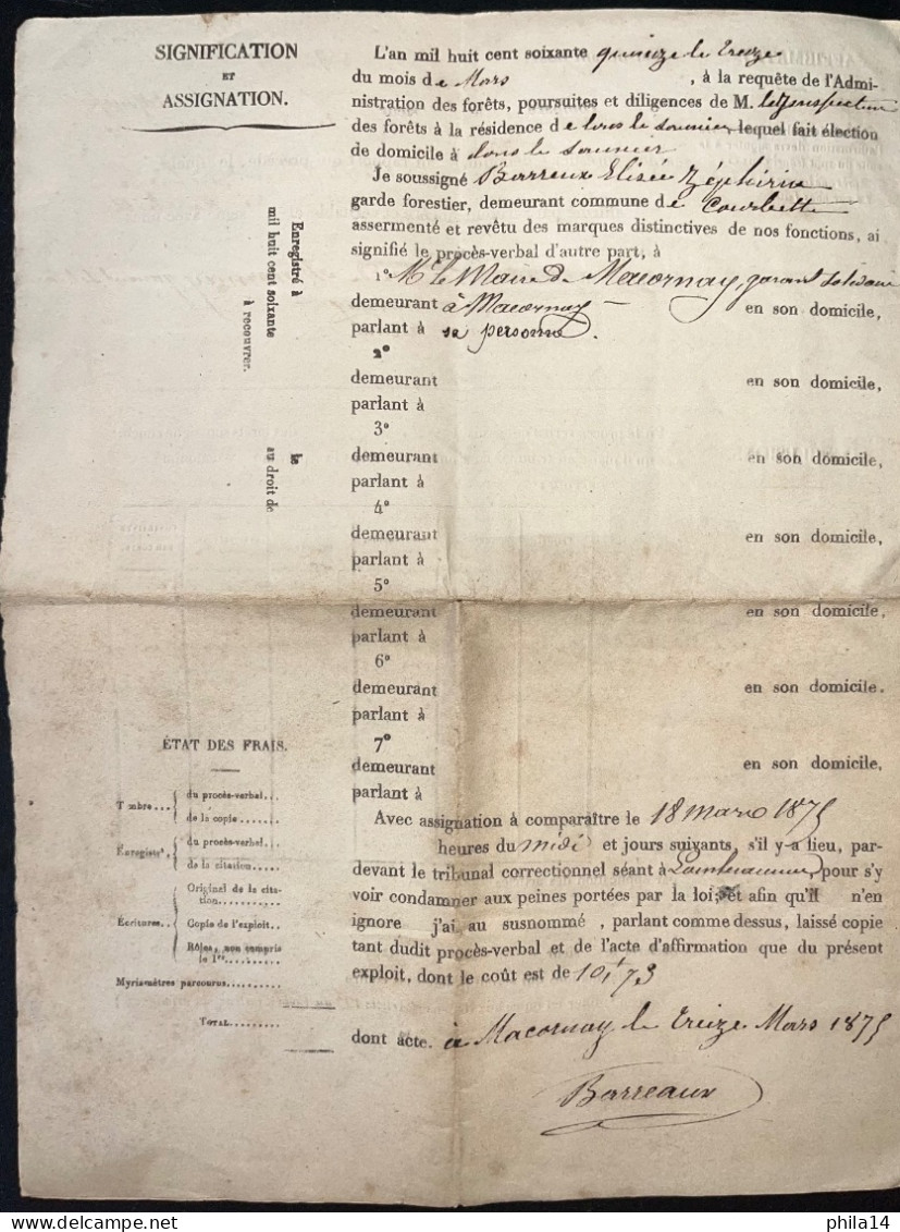 DOCUMENT DE LA DIRECTION GENERALE DES FORETS / ORGELET JURA 1875 / MARCONAY - Manuscrits