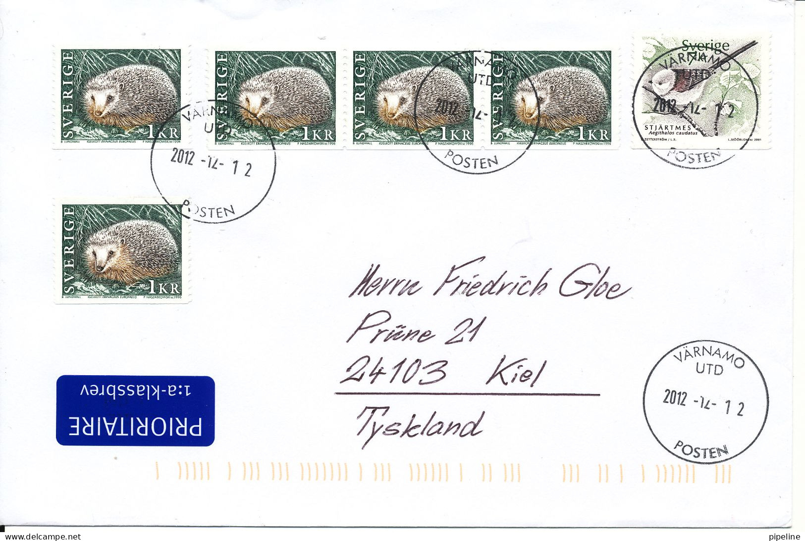 Sweden Cover Sent To Germany Värnamo12-4-2012 Hedgehog And Bird On The Stamps - Briefe U. Dokumente