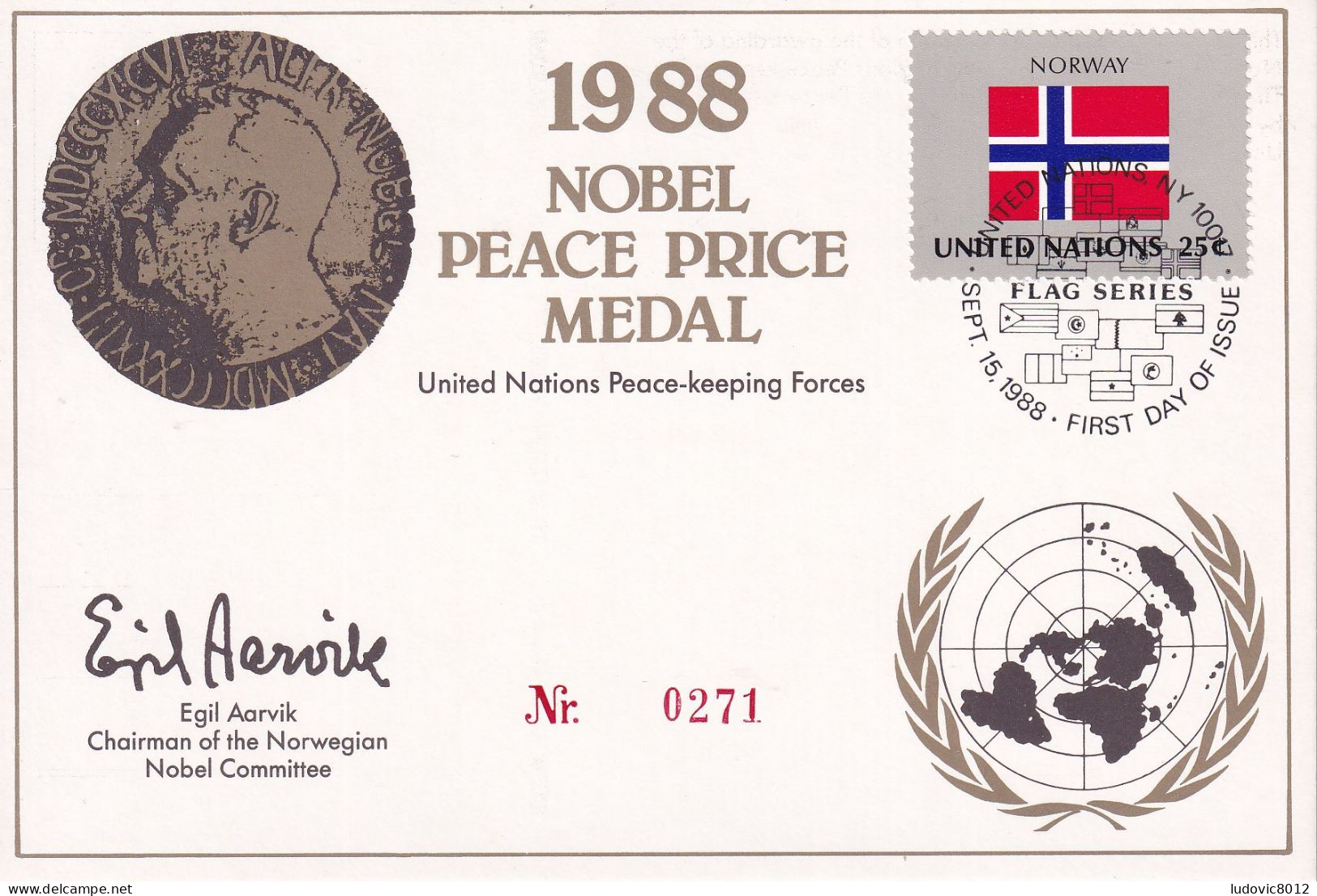 United Nations 1988 Nobel Peace Price Medal Stamp With Norway Flag - Storia Postale