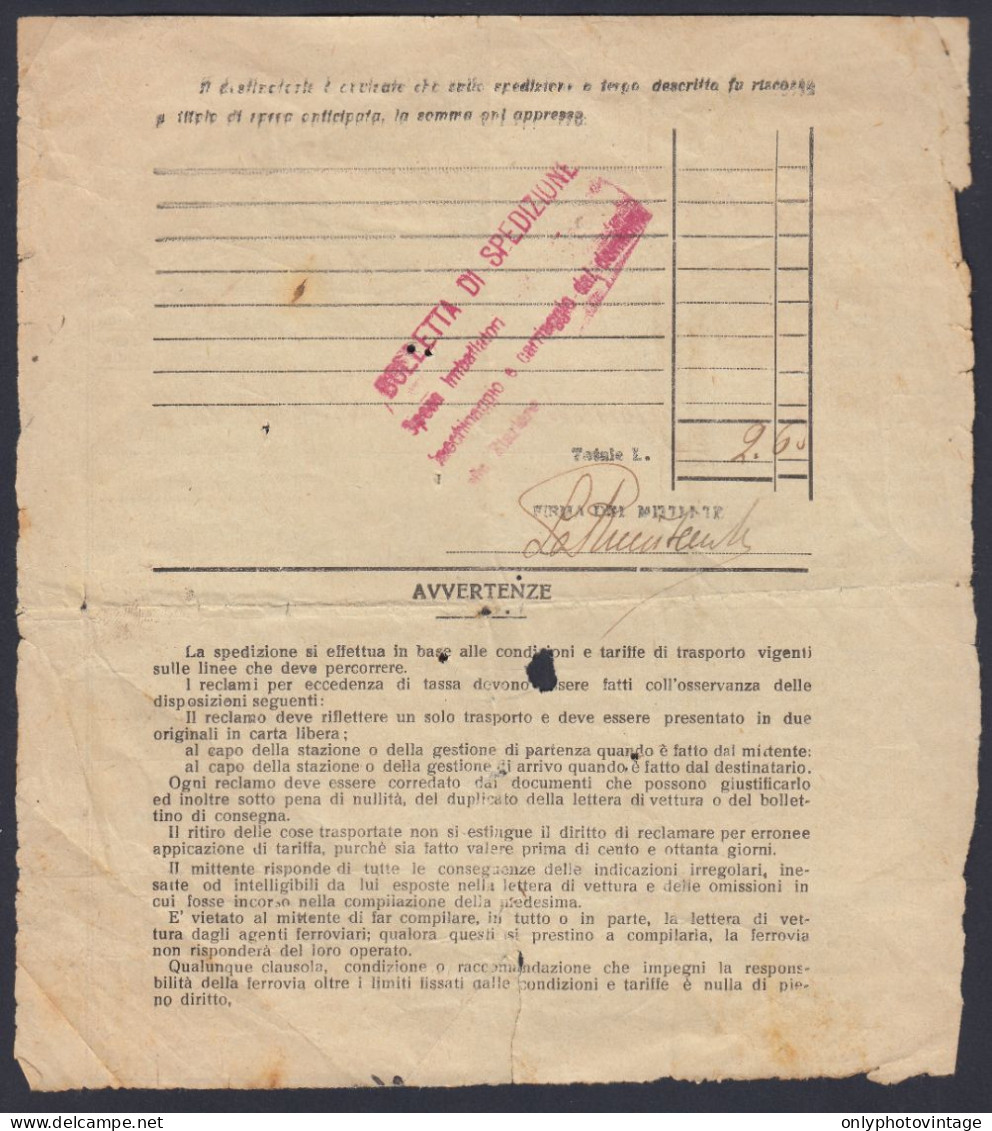 Napoli (TO) 1933, Ferrovie Dello Stato, Bollettino Di Consegna A Ceraso, La Rinascente - Chemin De Fer