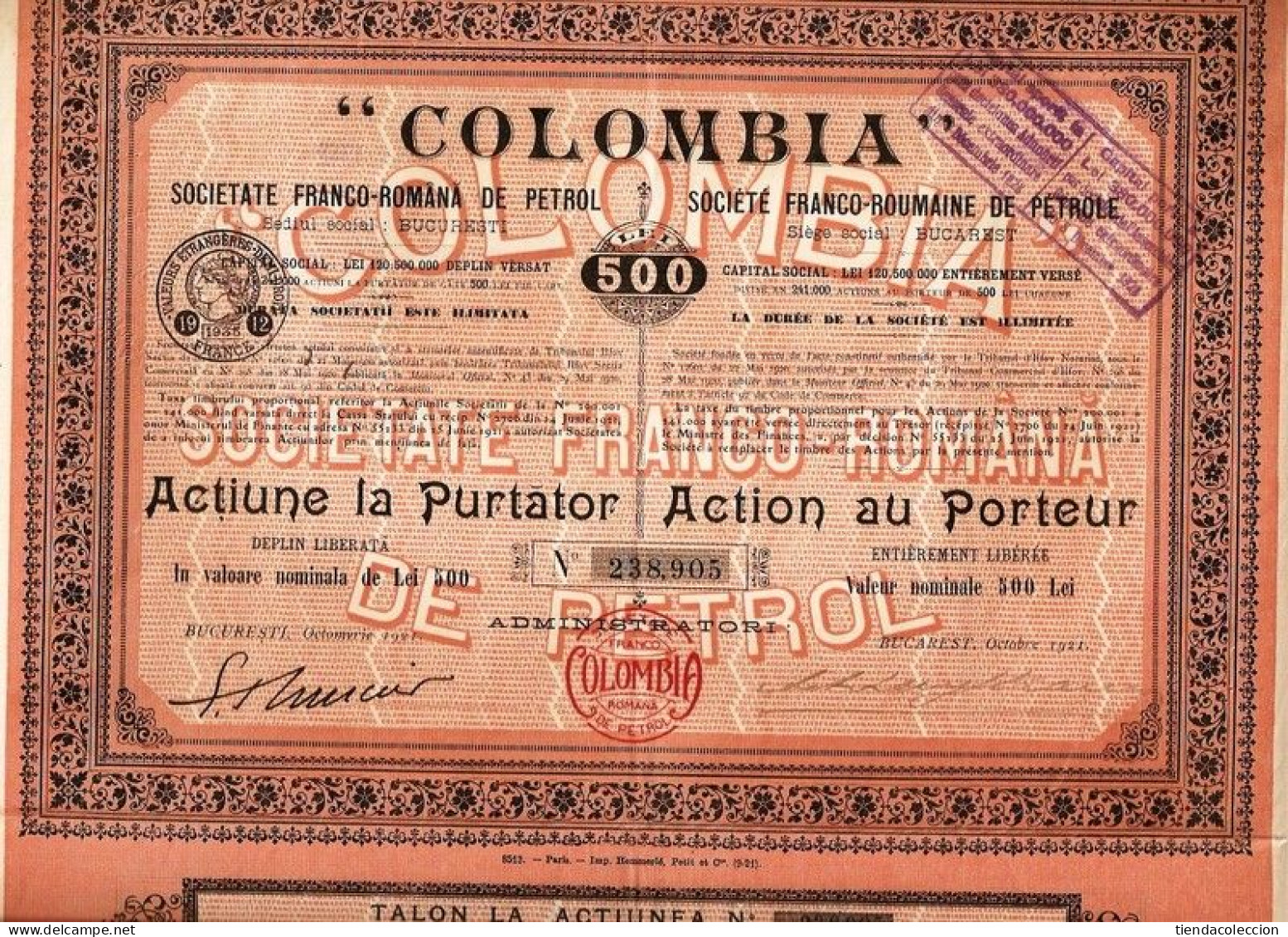 "COLOMBIA" SOCIEDA FRANCO-RUMANA DE PETROLEO - Petrolio