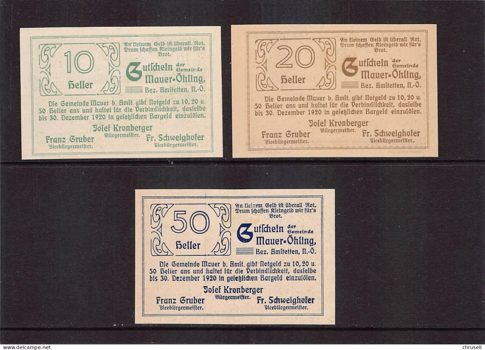 Mauer- Oehling  Notgeld  Lot Serie A 3 Noten - Autriche