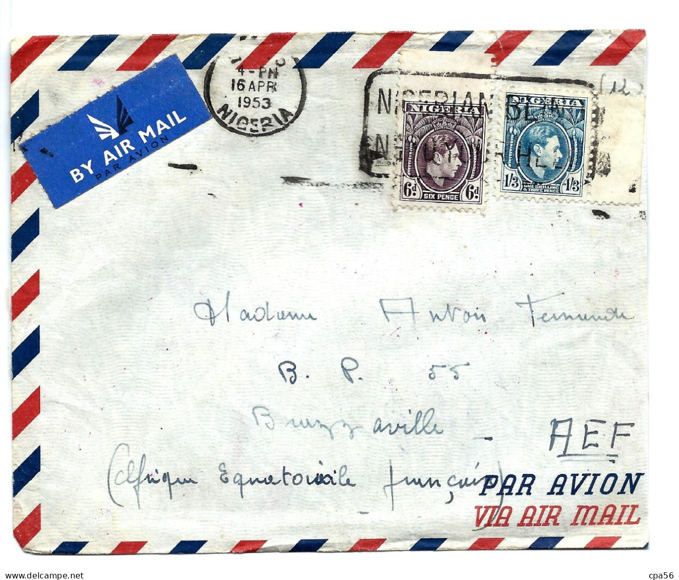 COLONIES ANGLAISES - NIGERIA 1953 Sur LETTRE - Nigeria (...-1960)