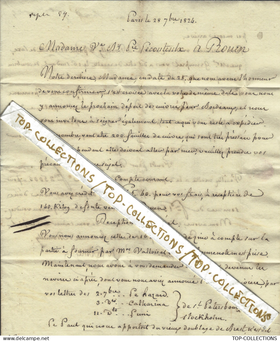 1824 LETTRE Paris FONDERIE DE ROMILLY MANUFACTURE  CUIVRE COMPTABILITE  => Lecouteulx Rouen NEGOCE FINANCE V.HISTORIQUE - 1800 – 1899