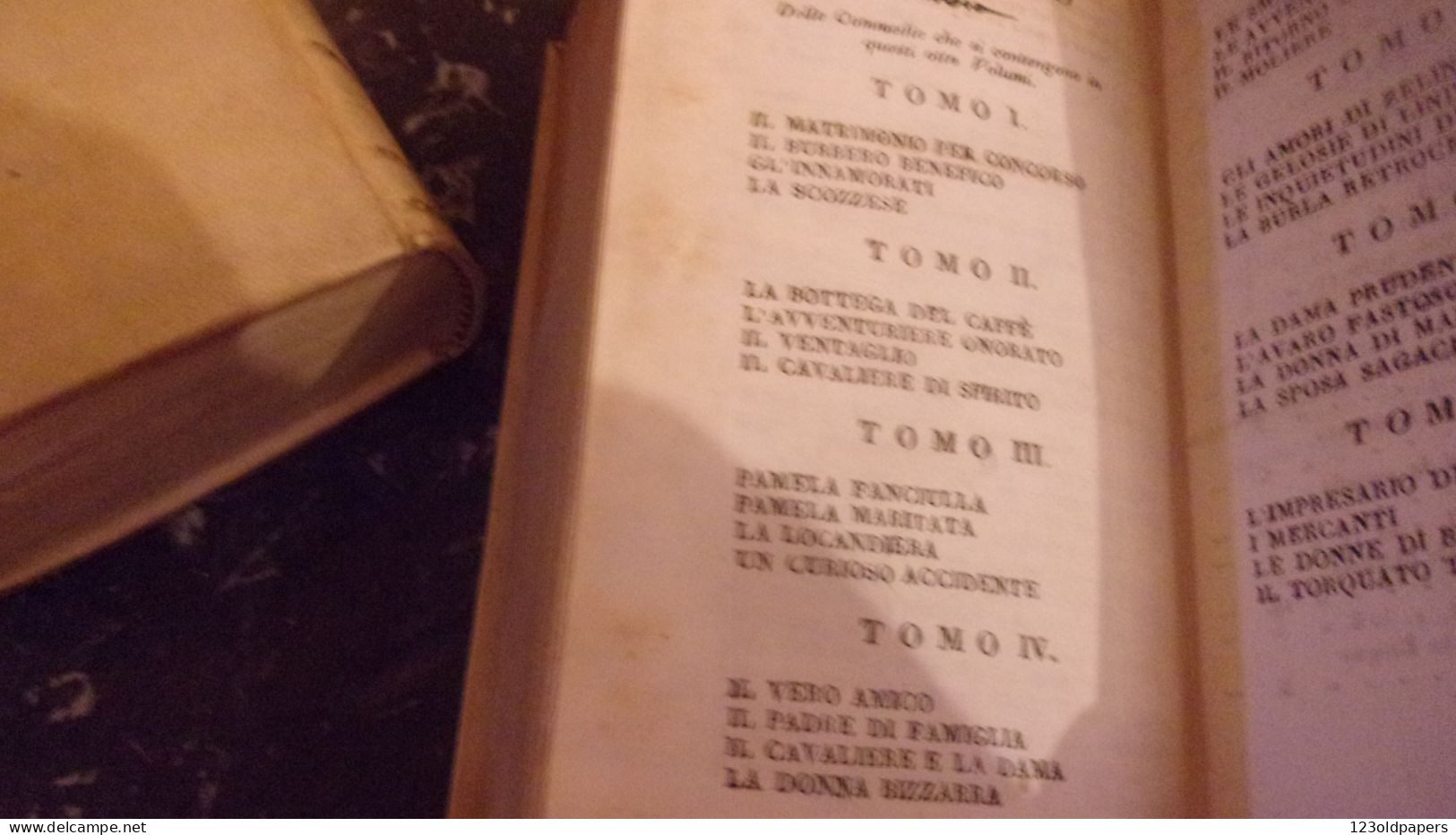 1819 OTTIMA RILEGATURA VELIN COMPLETA IN 4 VOLUMI GOLDONI COMMEDIE SCELTE LIVORNO STAMPERIA VIGNOZZI
