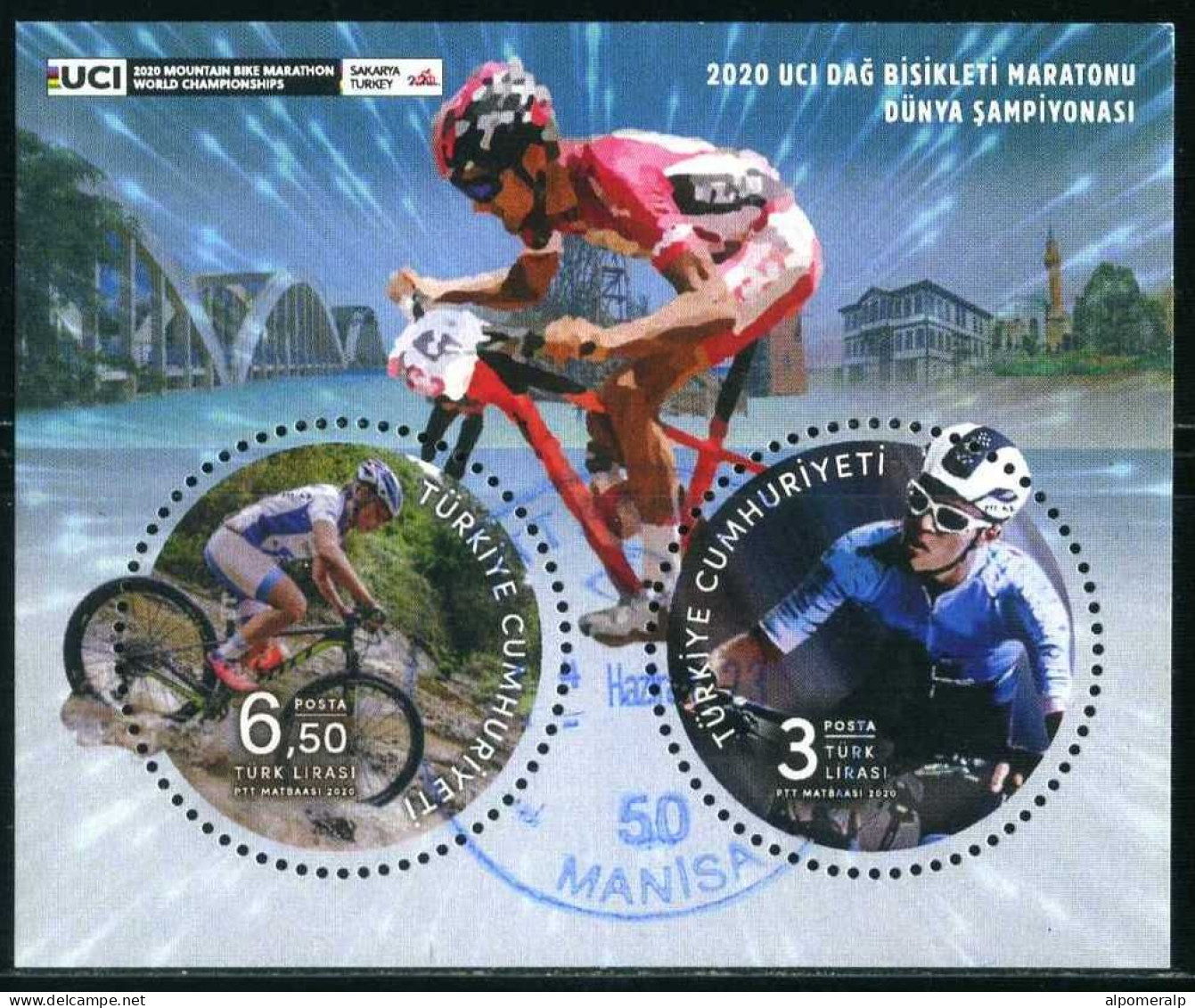 Türkiye 2020 Mi 4614-4615 World Mountain Biking Championships, Cycling, Round Stamp, Bicycle [Block 203] - Gebruikt