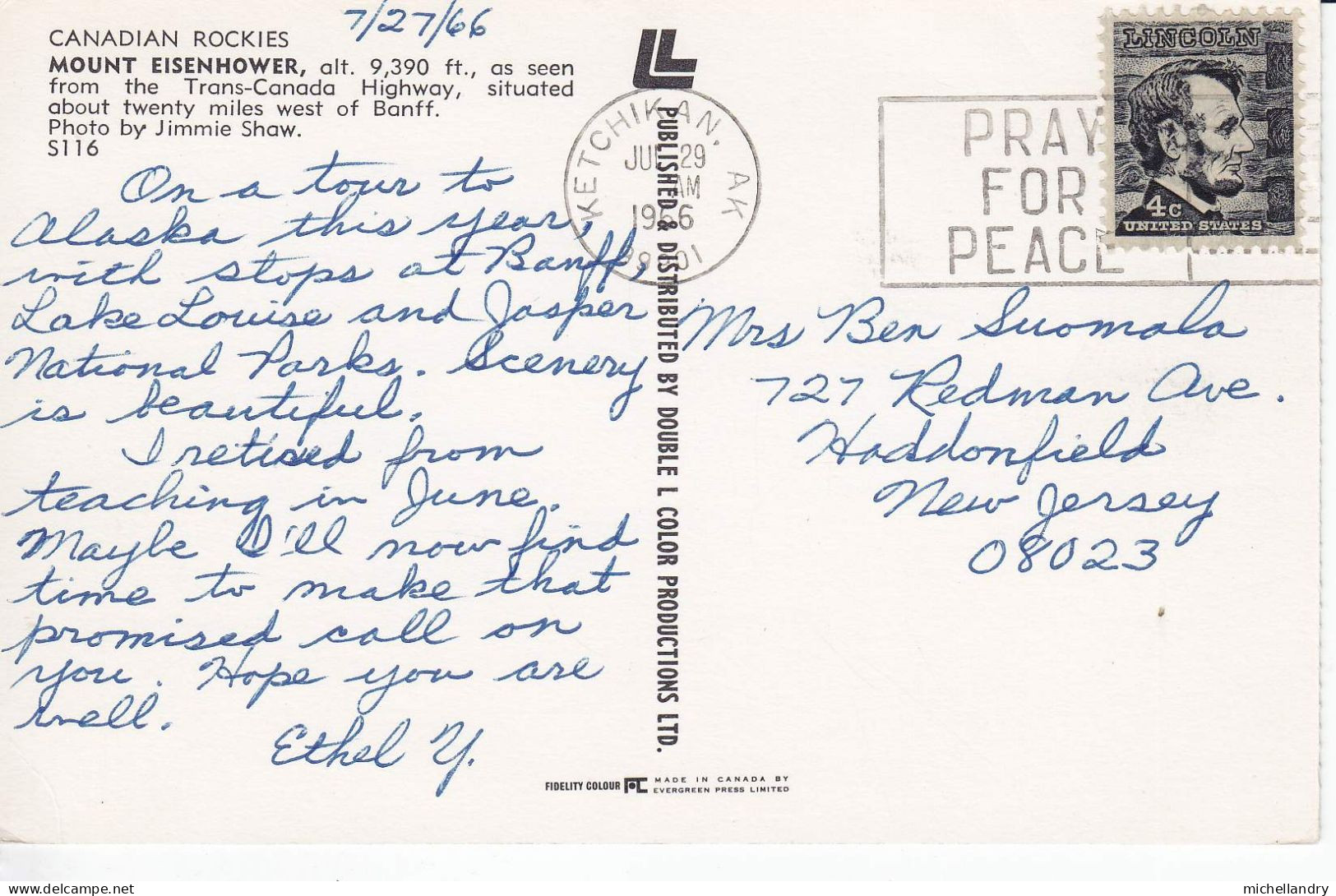 Carte Postal (123250) Canadian Rockies Mount Eisenhower Jul 29 1966 Timbre 4c US Avec écriture - Banff