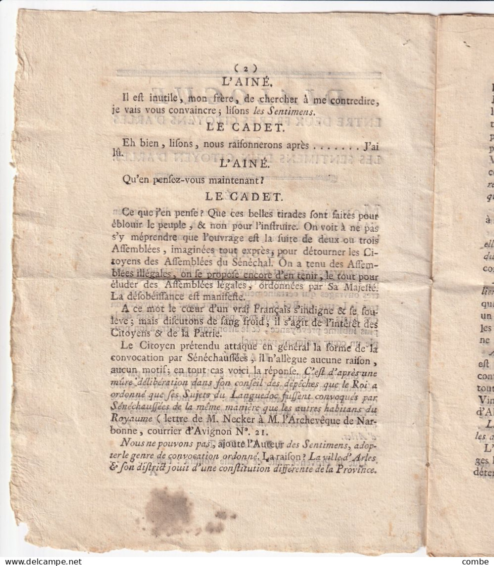 DIALOGUE ENTRE DEUX FRERES CITOYENS D'ARLES SUR LES SENTIMENTS D'UN CITOYEN D'ARLES / 2 - Manuscrits