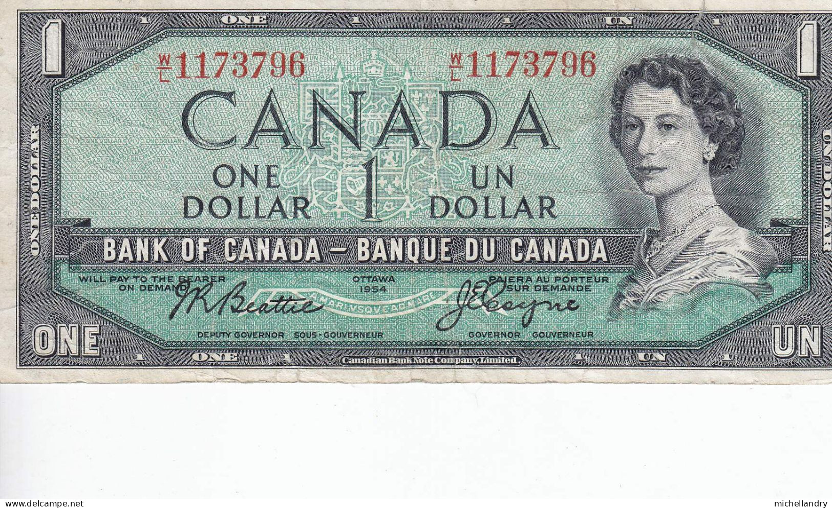 Monnaie (123252) Banque Du Canada 1954 Un Dollar Série WL1173796  Beattie Coyne - Canada