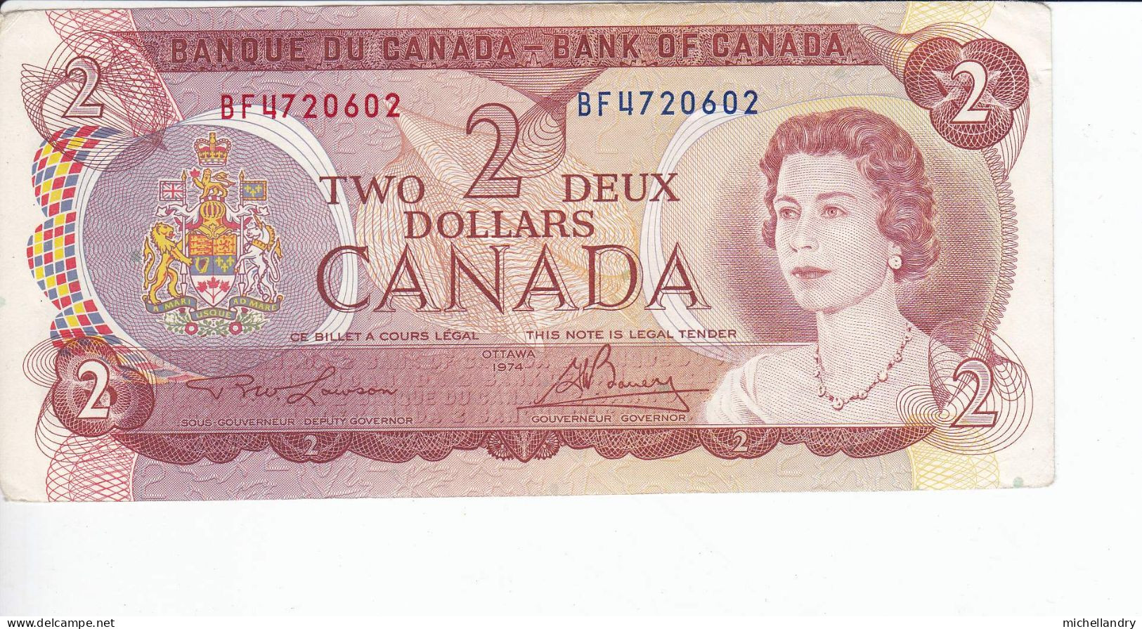 Monnaie (123255) Banque Du Canada 1974 Deux Dollars Série BF4720602 Lawson/Bouey - Canada