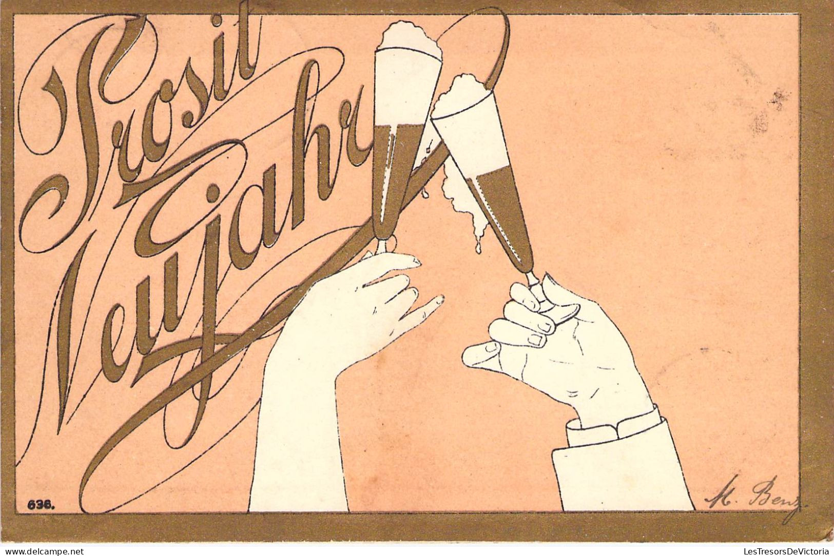 Illustrateur - Meunier ?  - Prosit Neujahr - Dorure - Verre De Champagne - Carte Postale Ancienne - Meunier, G.