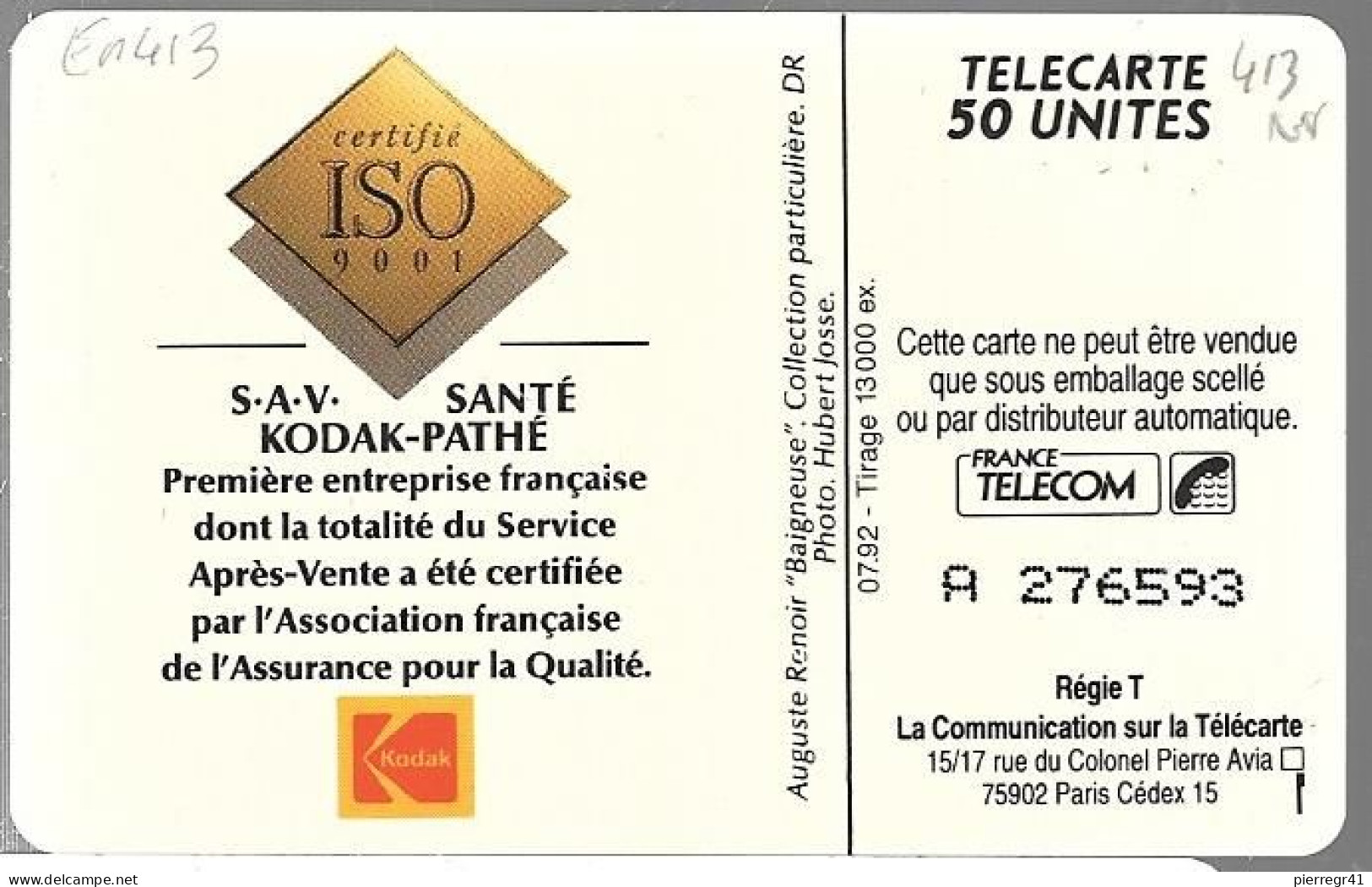 CARTE-PRIVEE-50U-EN 413-SO3-07/92-BAIGNEUSE De RENOIR-KODAK-V°Série A 276593-Neuve-TBE - 50 Einheiten