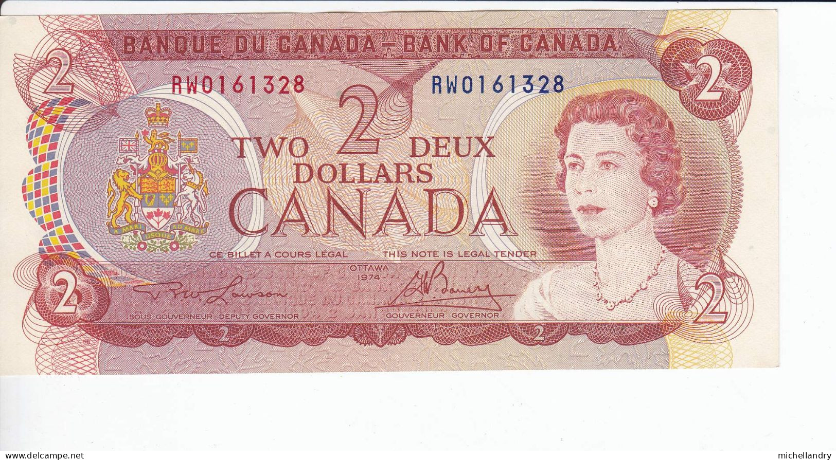 Monnaie (123259) Banque Du Canada 1974 Deux Dollars Série RW0161328 Lawson/Bouey - Kanada